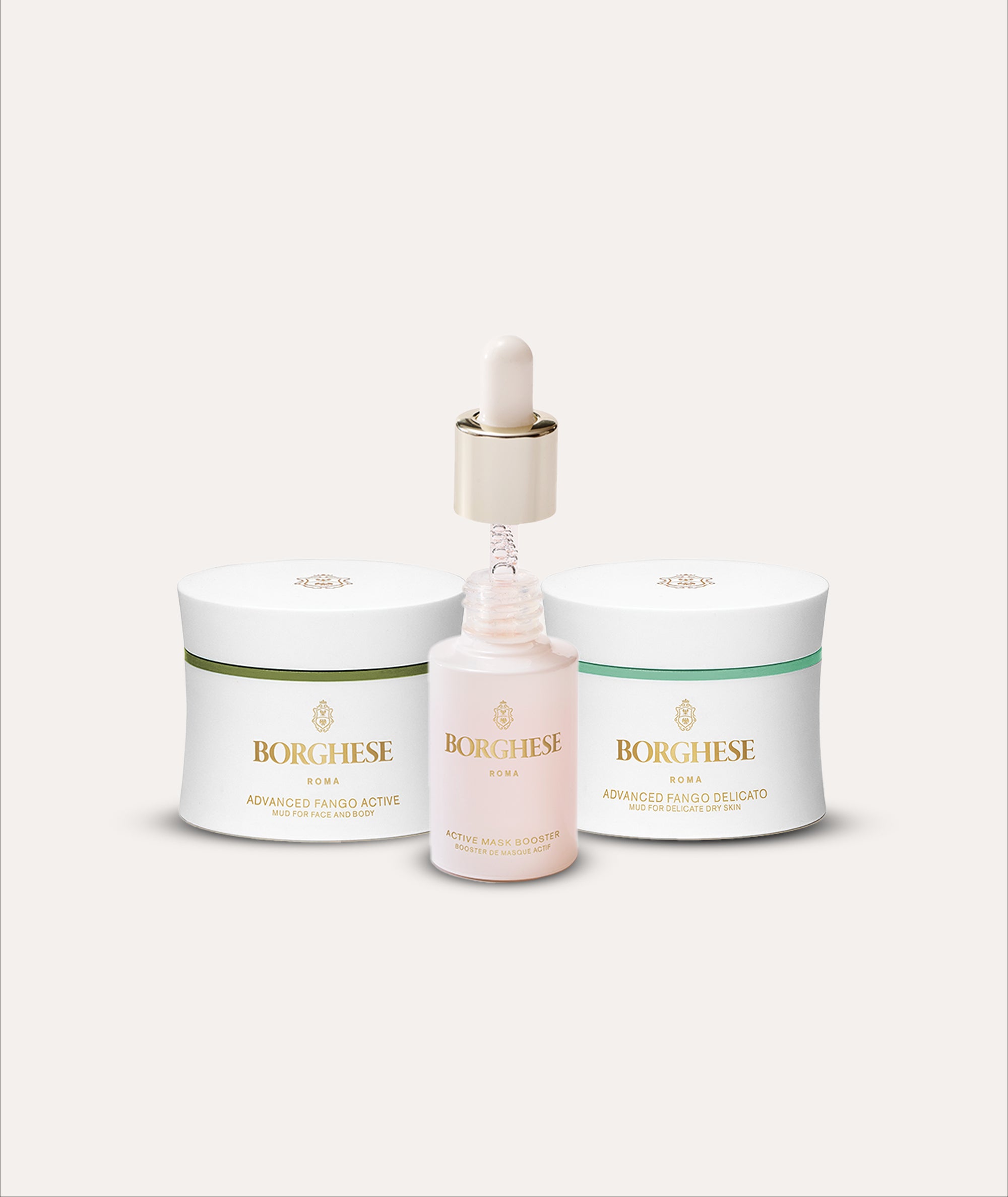 5-Minute Multi Masking Bundle featuring Advanced Fango Active & Delicato Mud Masks, with the Active Mask Booster