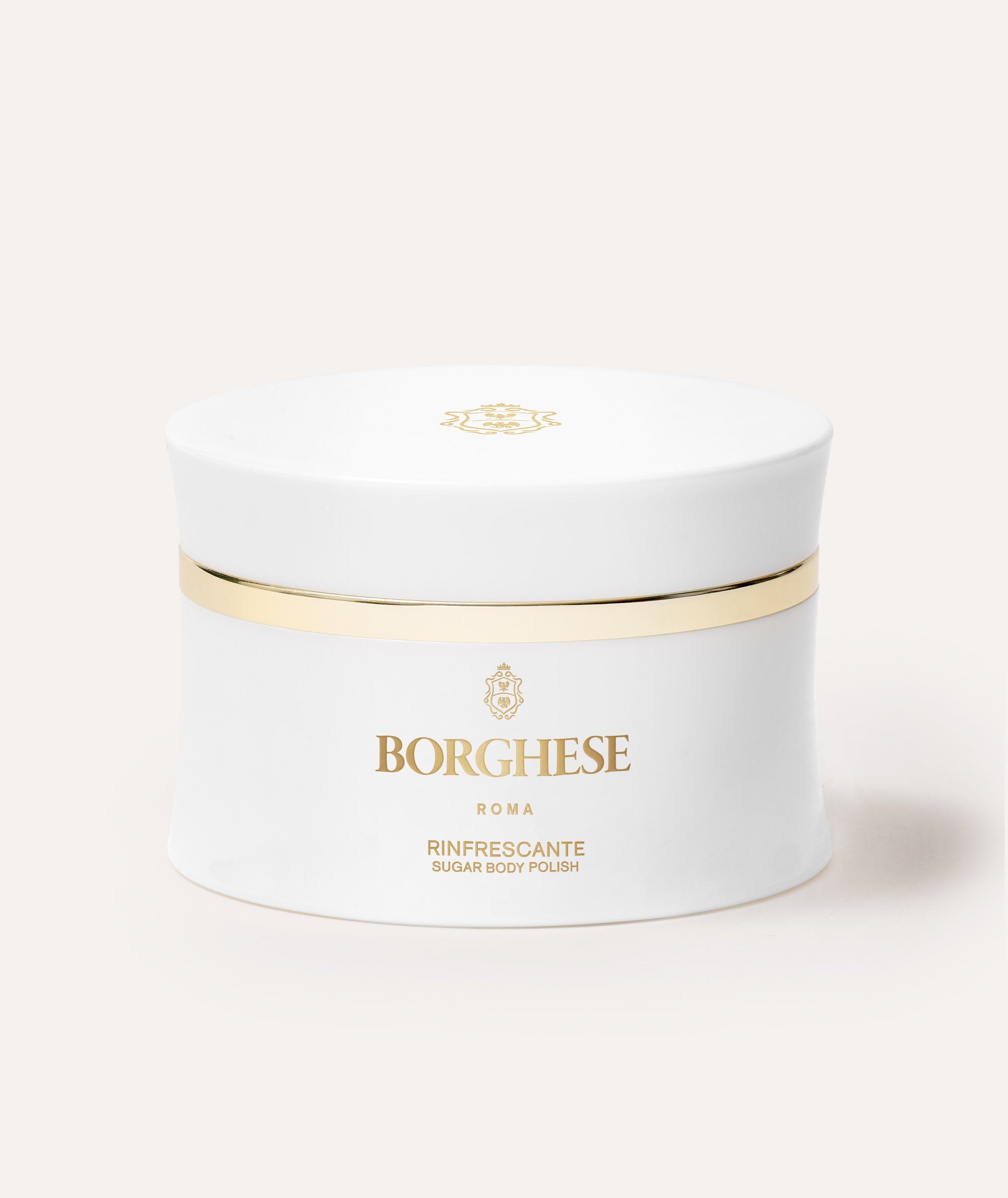 This is a picture of the Borghese Rinfrescante Sugar Body Scrub in a white jar