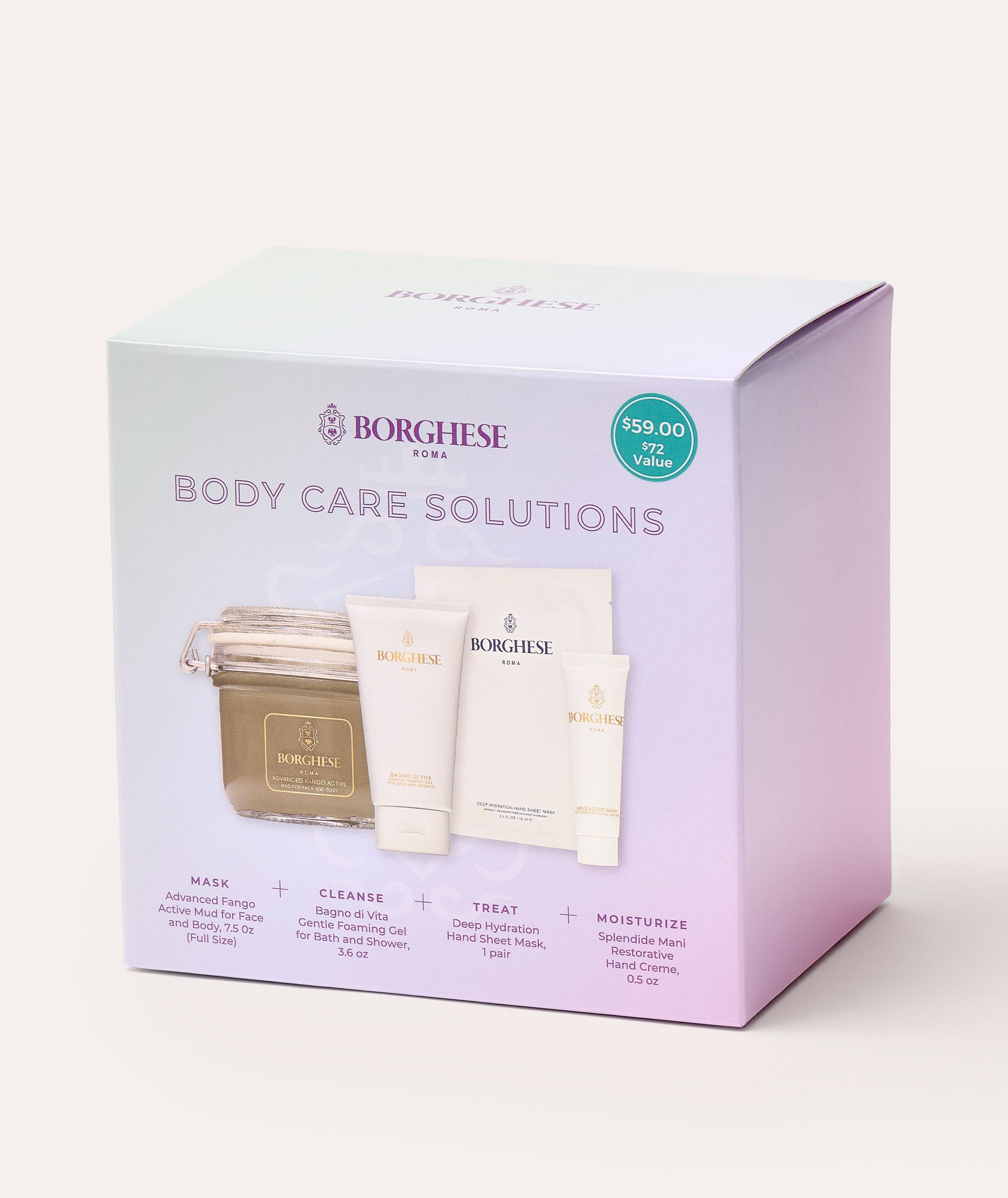 This is a picture of the Borghese 4 piece Body Care Solutions Gift Set box.
