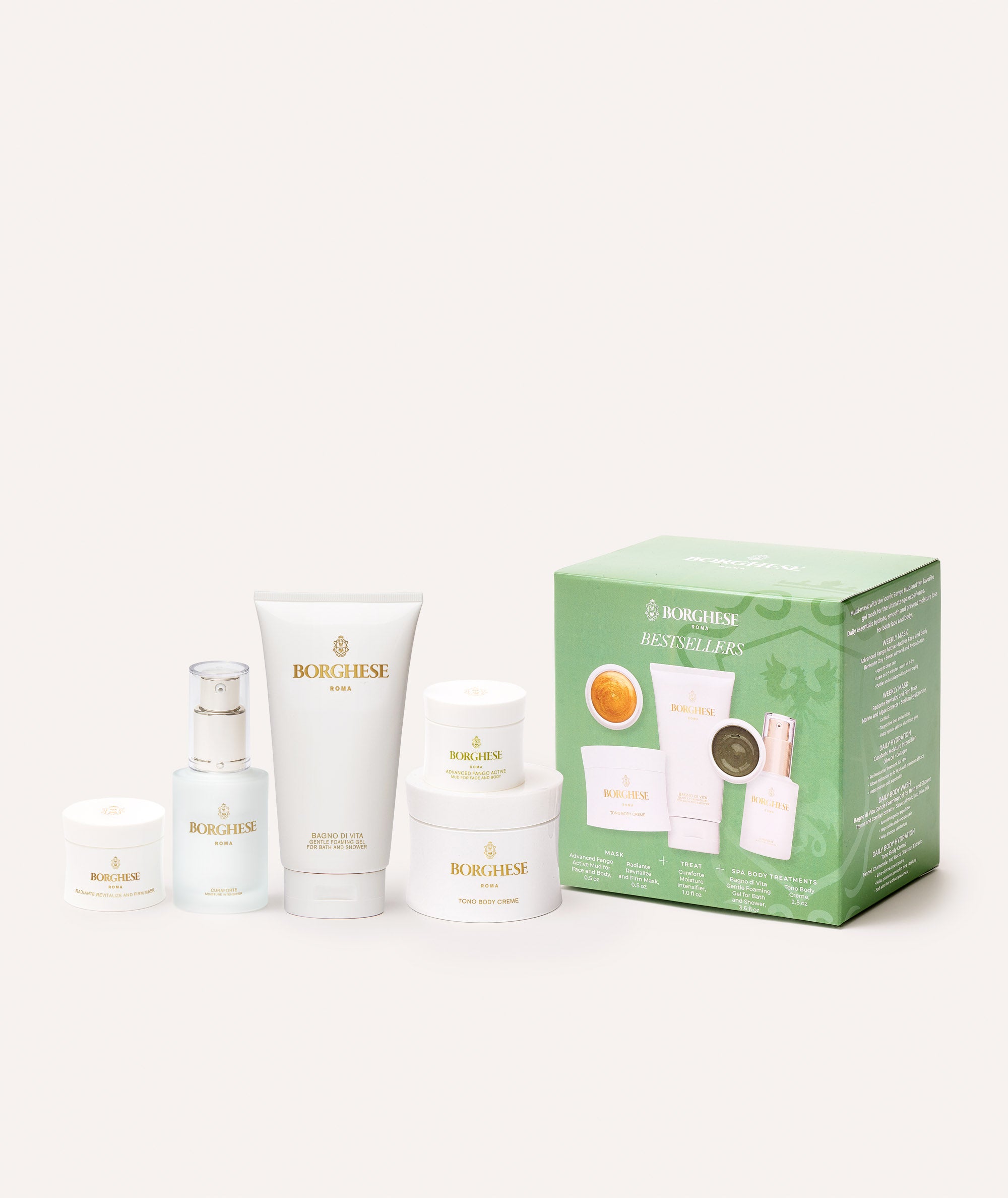 The Borghese 5-Piece Bestsellers Gift Set contents and green gift box