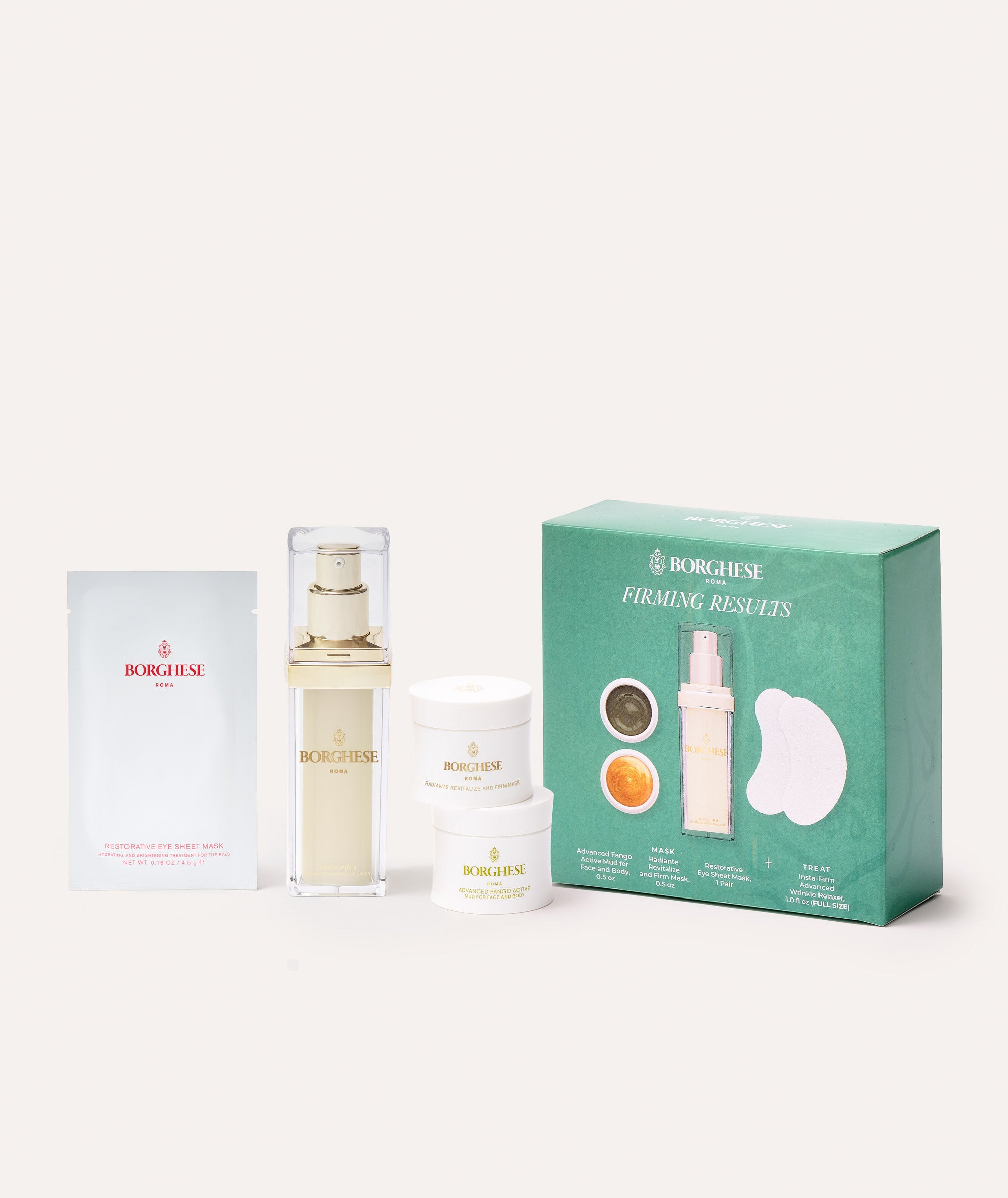 The Borghese 4-Piece Firming Results Gift Set contents and green gift box