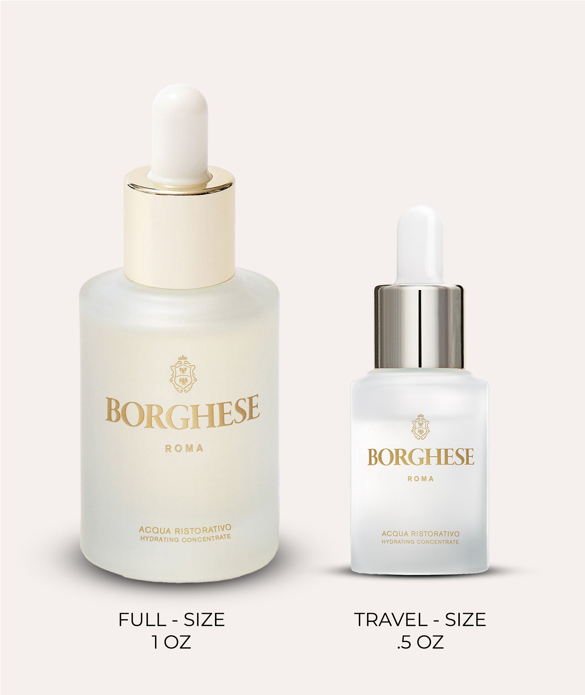 Comparison image showing our full size 1oz Acqua Ristorativo Hydrating Concentrate and our 0.5oz travel size version