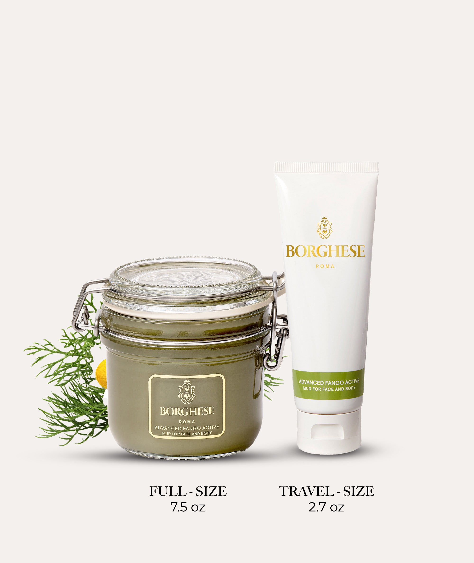 Comparison image showing our full size 7.5oz Advanced Active Fango Mud Mask and our 2.7oz travel size version