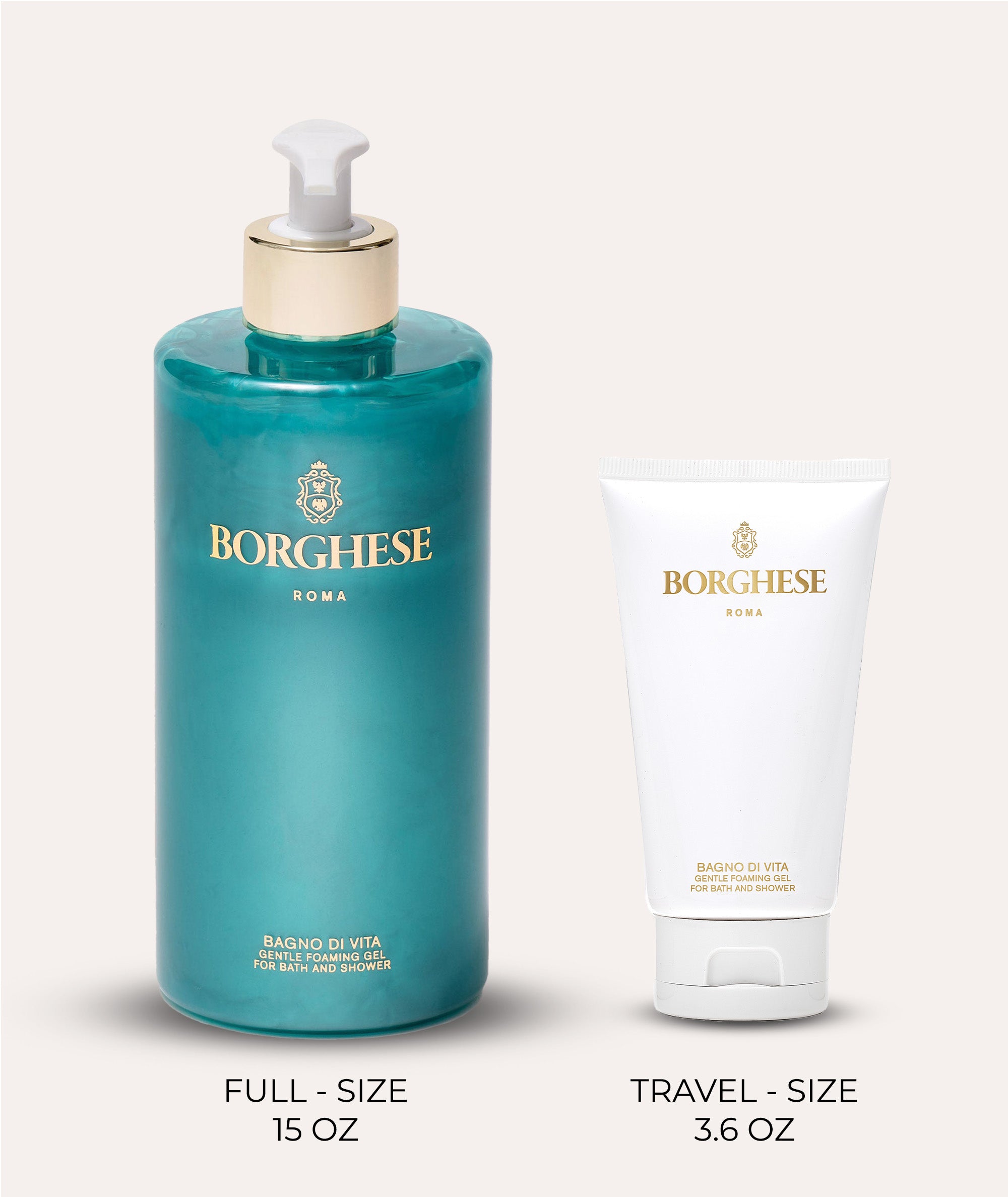Comparison image showing our full size 15oz Bagno di Vita Foaming Shower Gel and our 3.6oz travel size version