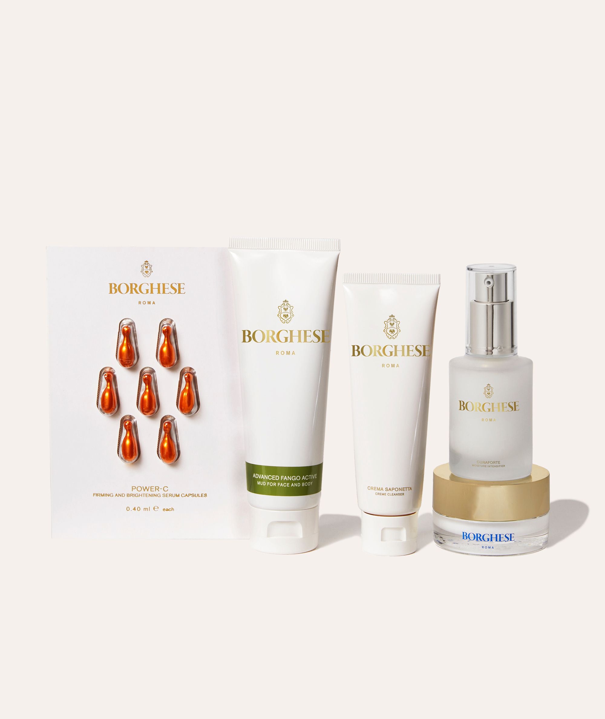 Travel size versions of the Italian Recipe products including two serums, a mask, a cleanser, and a moisturizer