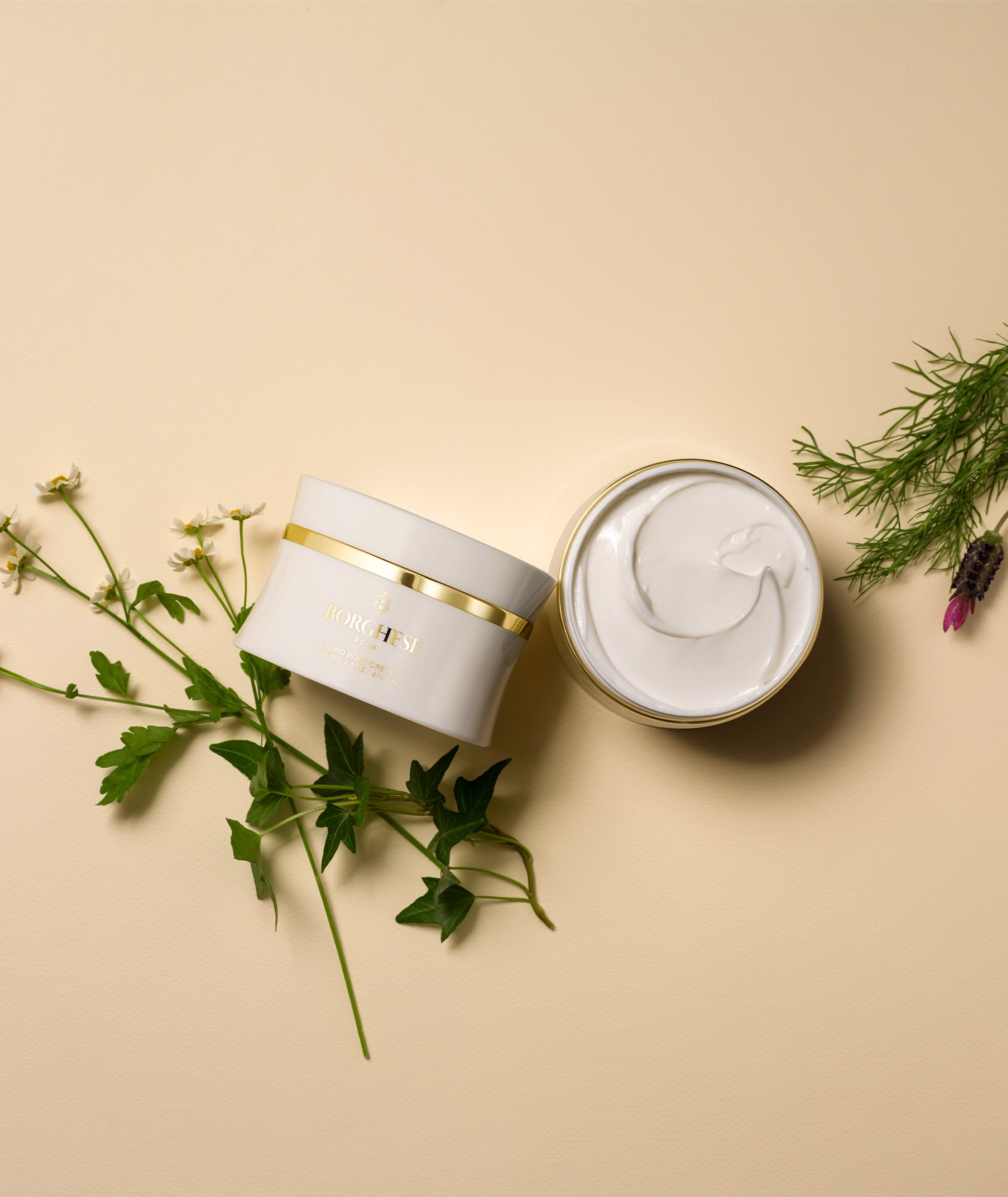 Tono Body Creme jar with chammomile, fennel extract and witch hazel ingredients surrounding the product