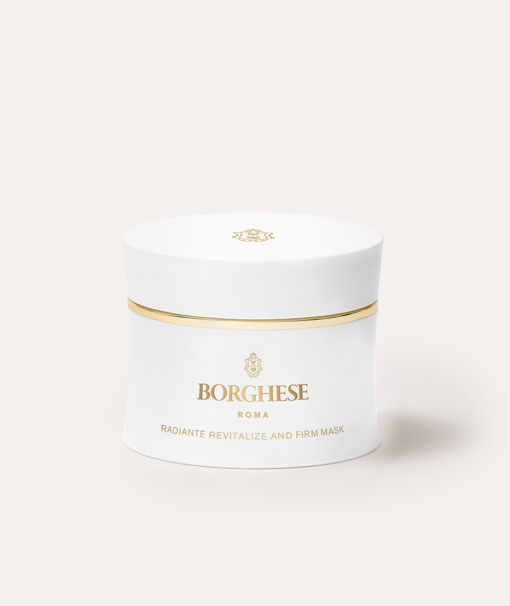 This is a picture of the Borghese Radiante Revitalize and Firm Mask in a white jar