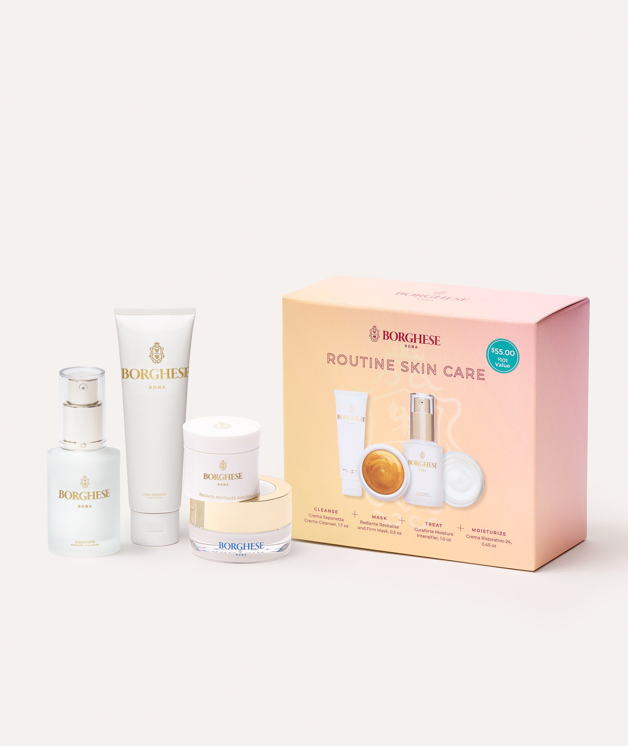 This is a picture of the contents and box for the Borghese 4-Piece Routine Skincare Gift Set