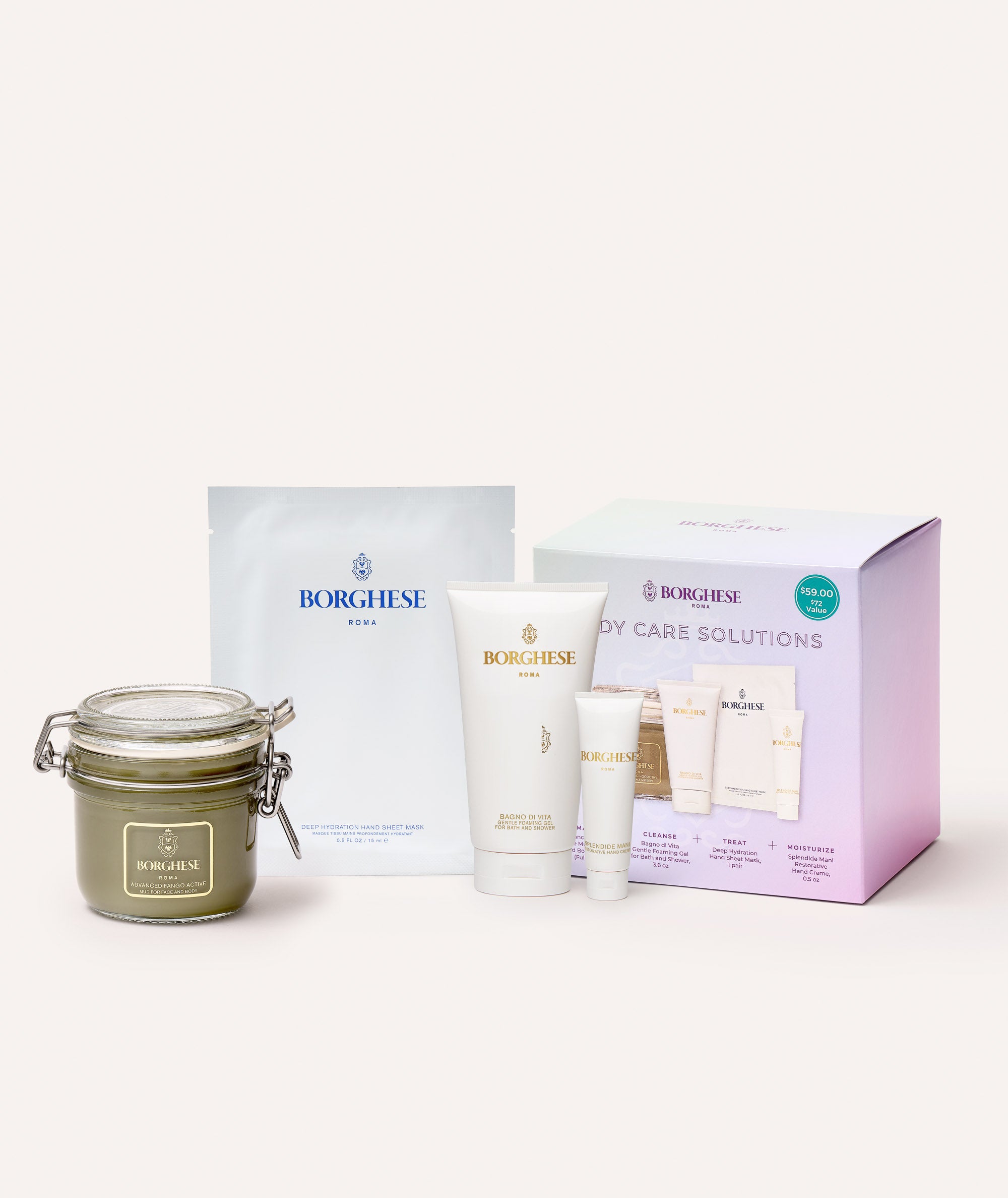 This is a picture of the contents and gift box of the Borghese 4 piece Body Care Solutions Gift Set