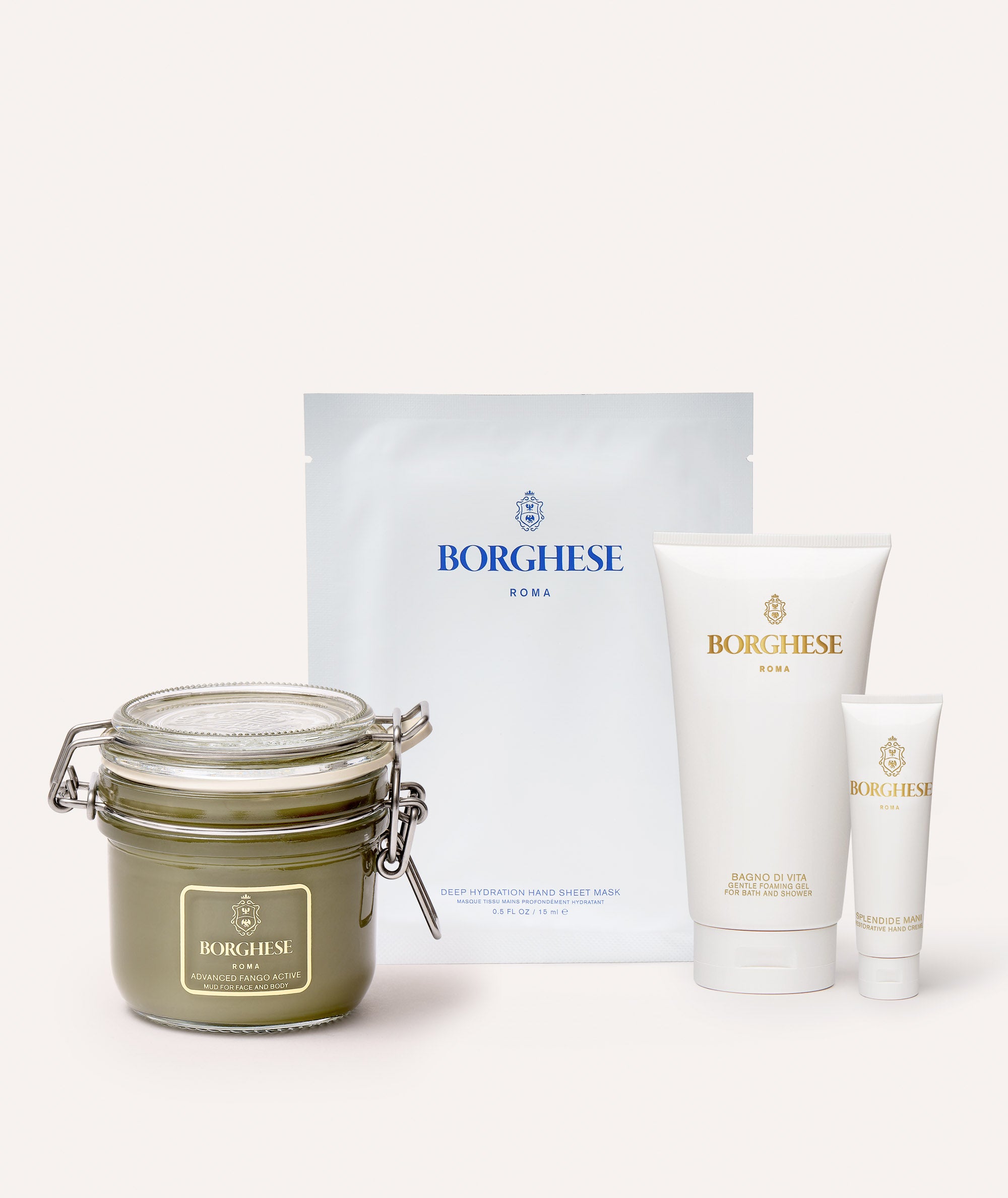 This is a picture of the contents of the Borghese 4 piece Body Care Solutions Gift Set