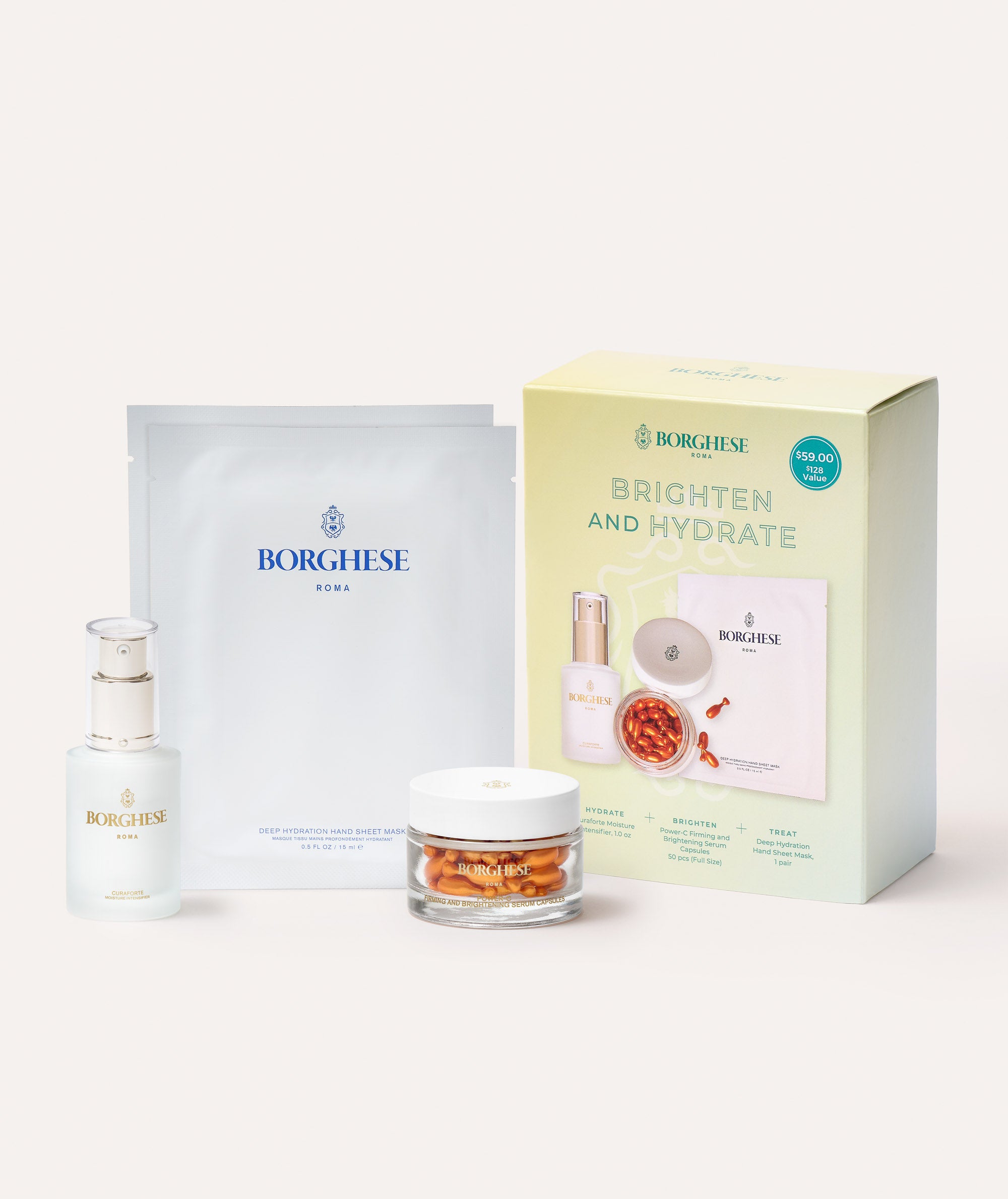 This is a picture of the set contents and gift box of the Borghese Brighten & Hydrate Gift Set
