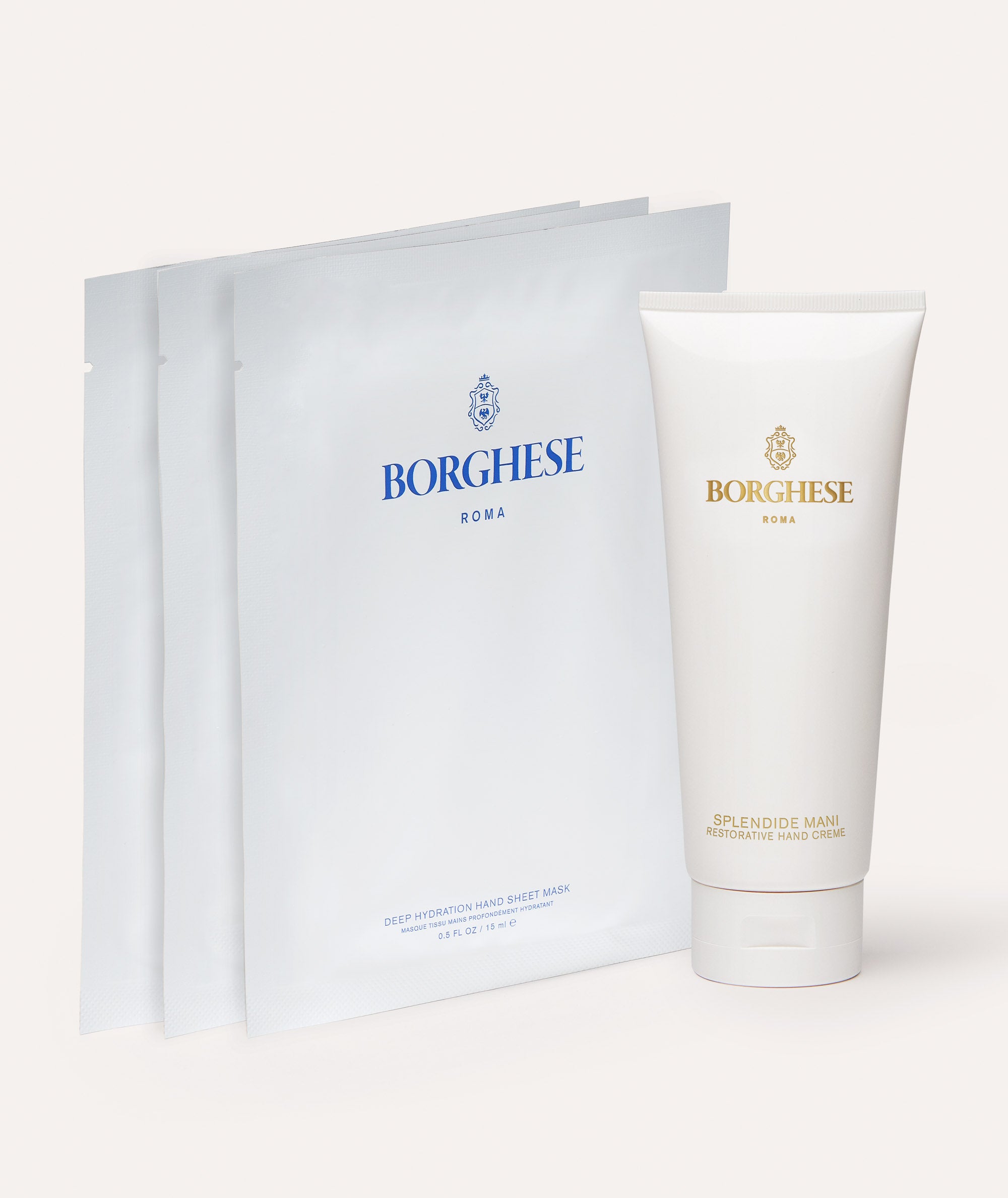 Picture of the contents of the 2-Piece Borghese Hand Care Set which includes Deep Hydration Hand Sheet Masks and Splendide Mani Restorative Hand Creme