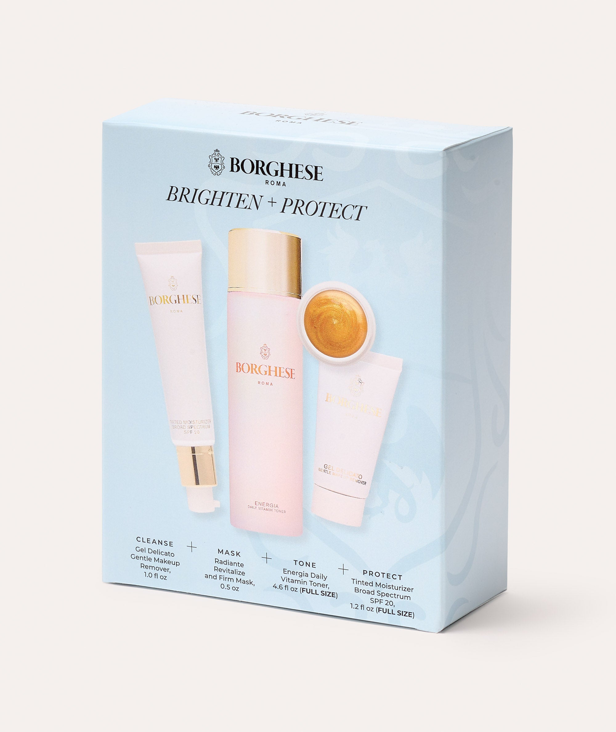 The Borghese 4-Piece Brighten & Protect Gift Set light blue gift box