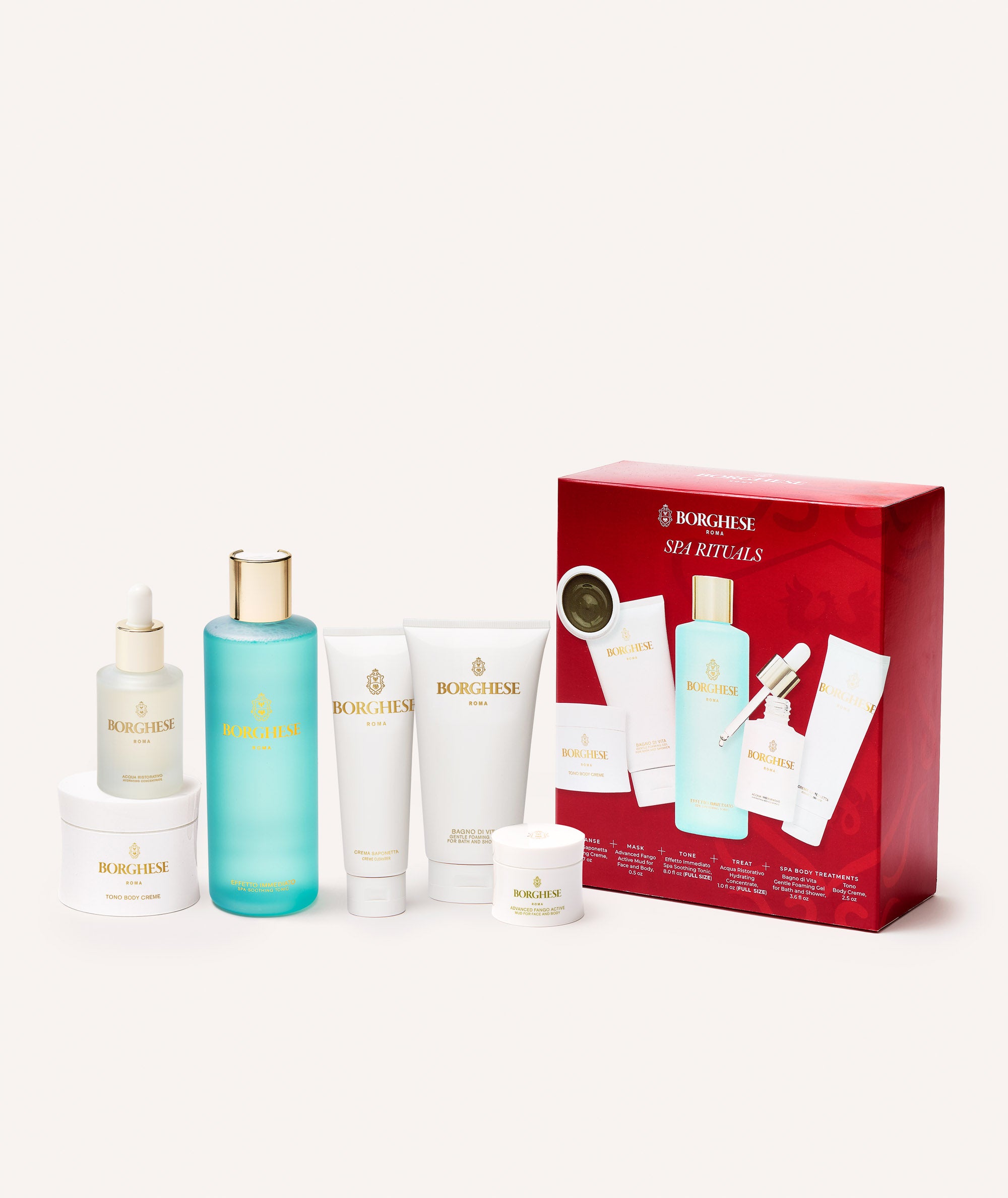 The Borghese 6-Piece Spa Rituals Gift Set contents and red gift box