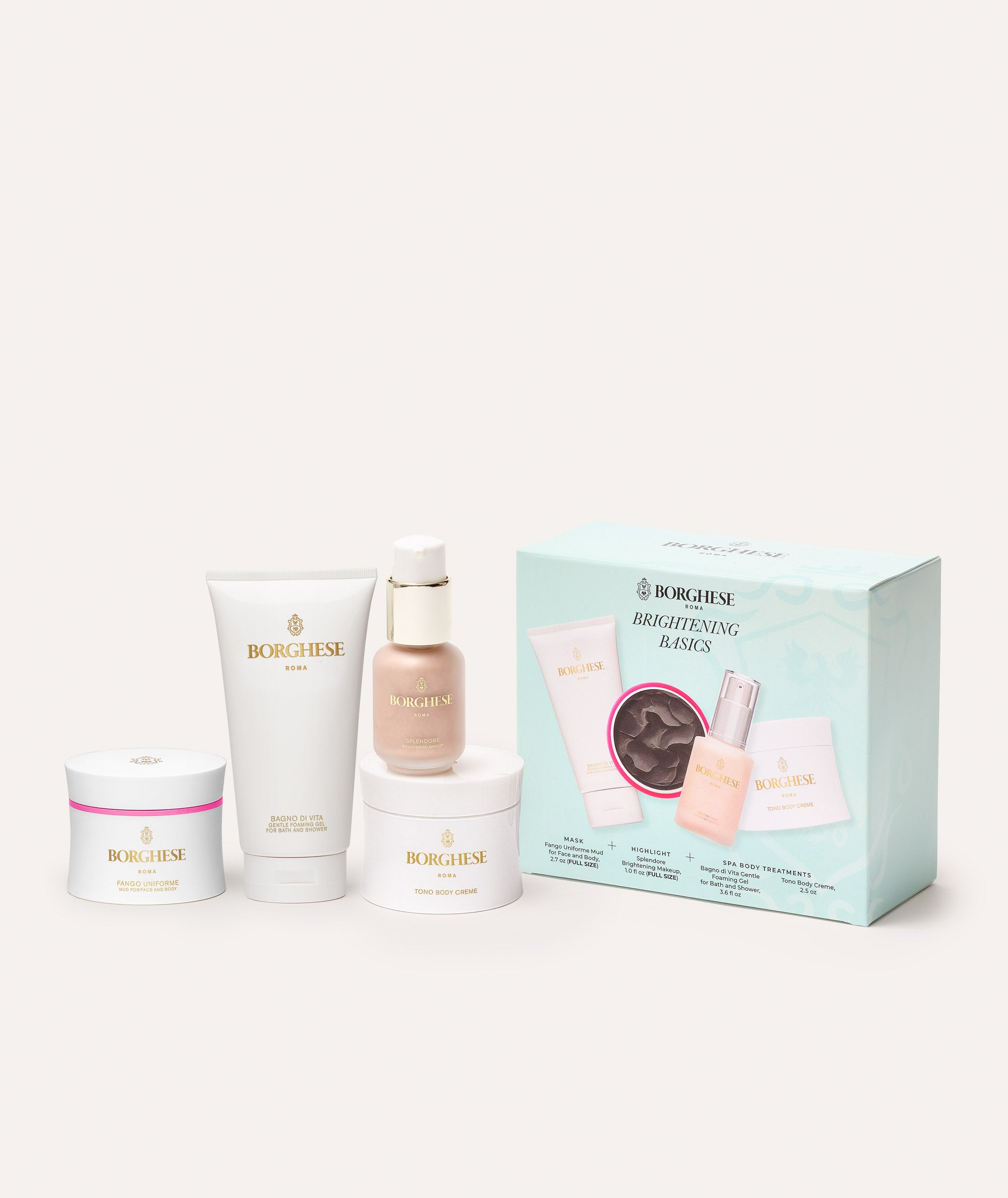 The Borghese 4-Piece Brightening Basics Gift Set contents and light blue gift box