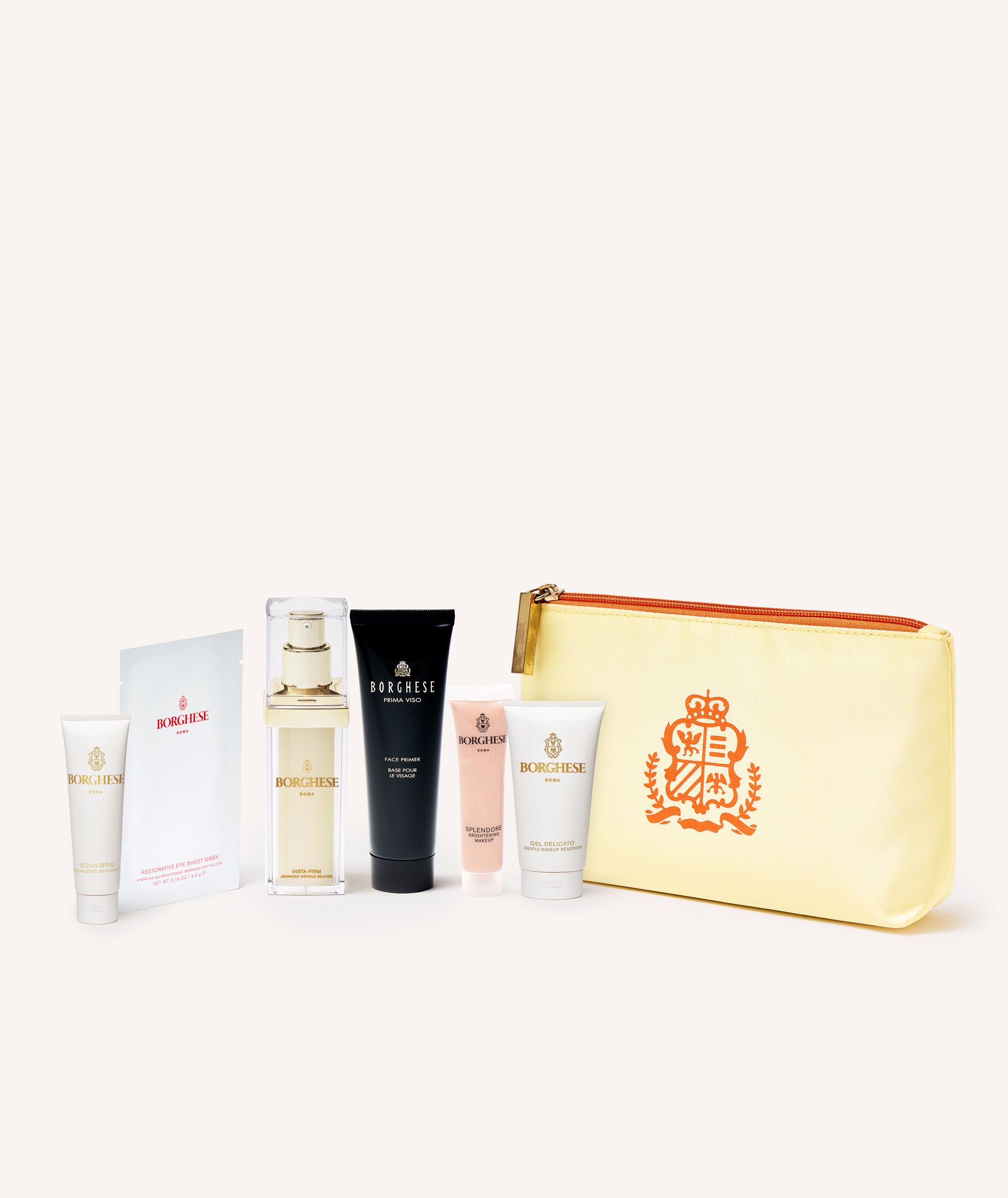 Picture of the Borghese 6-Piece Skin Prep Set contents and signature pouch