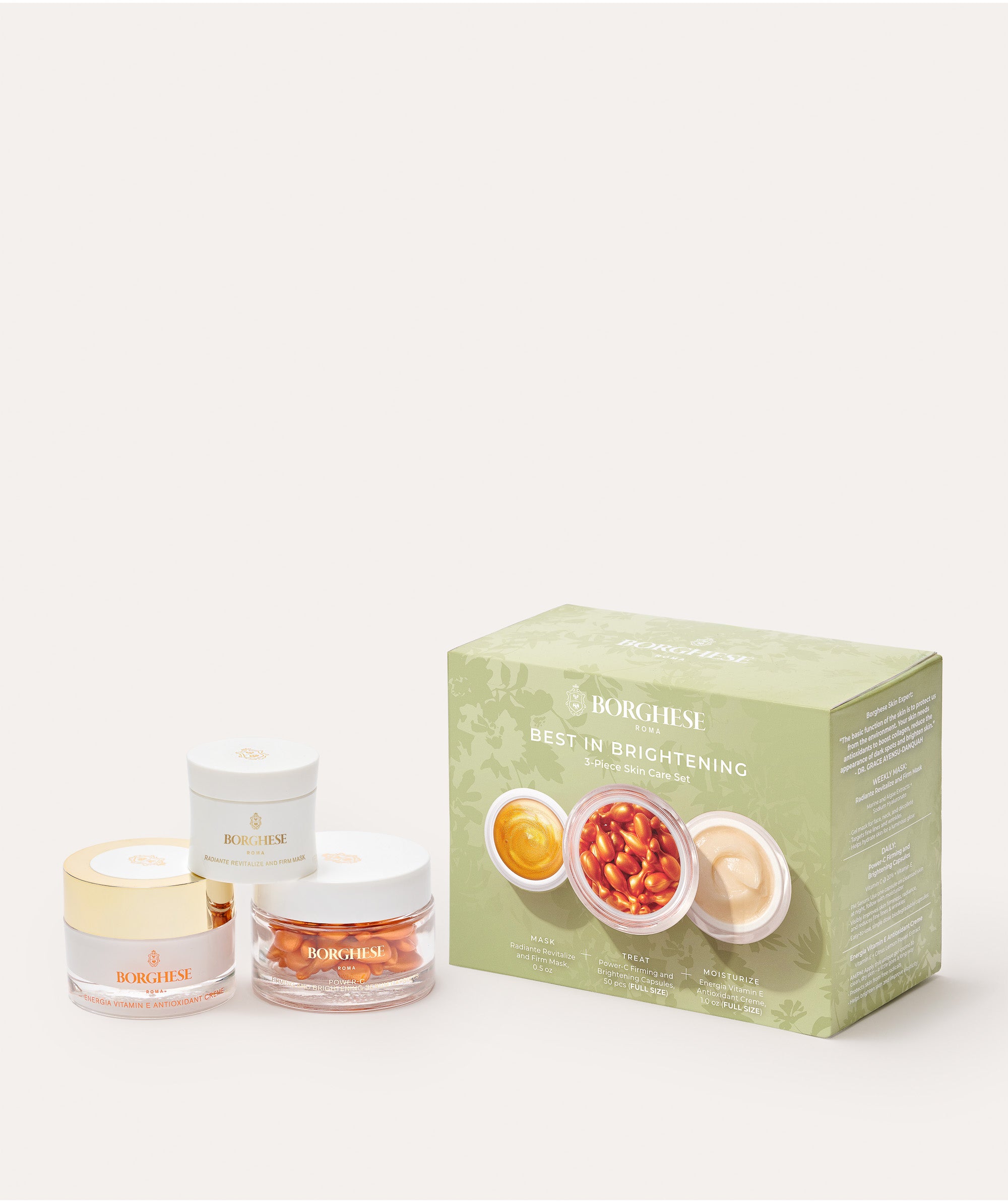 The Borghese Roma 3-Piece Best in Brightening Gift Set contents and gift box
