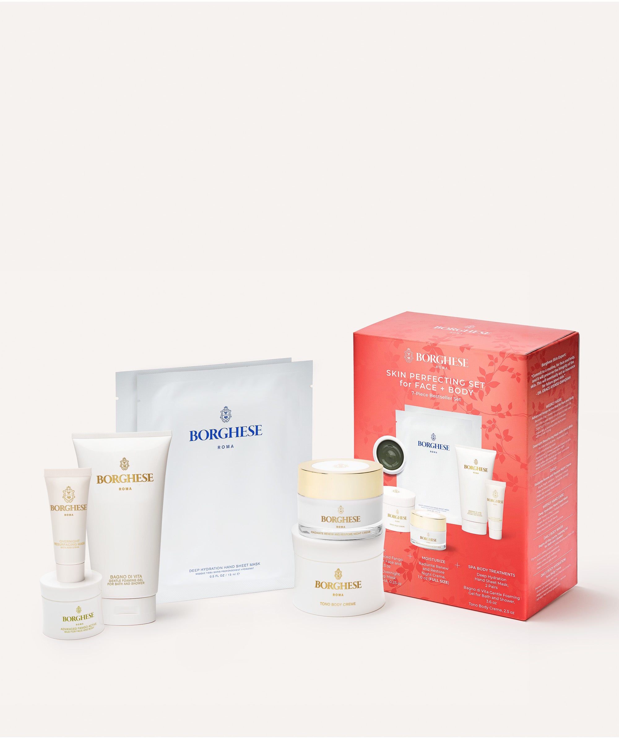 The Borghese Roma 7-Piece Skin Perfecting Gift Set contents and gift box