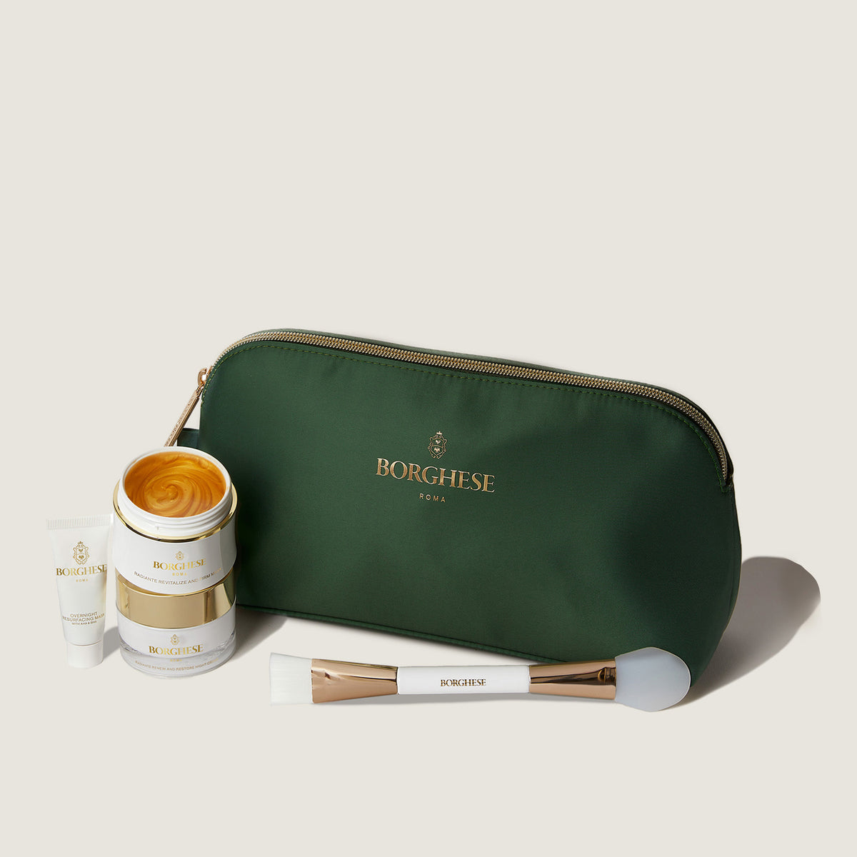 Radiant Ritual Set features Radiante Renew and Restore Night Cream, Deluxe Mask Applicator, Radiante Revitalize & Firm Mask, Overnight Resurfacing Mask
