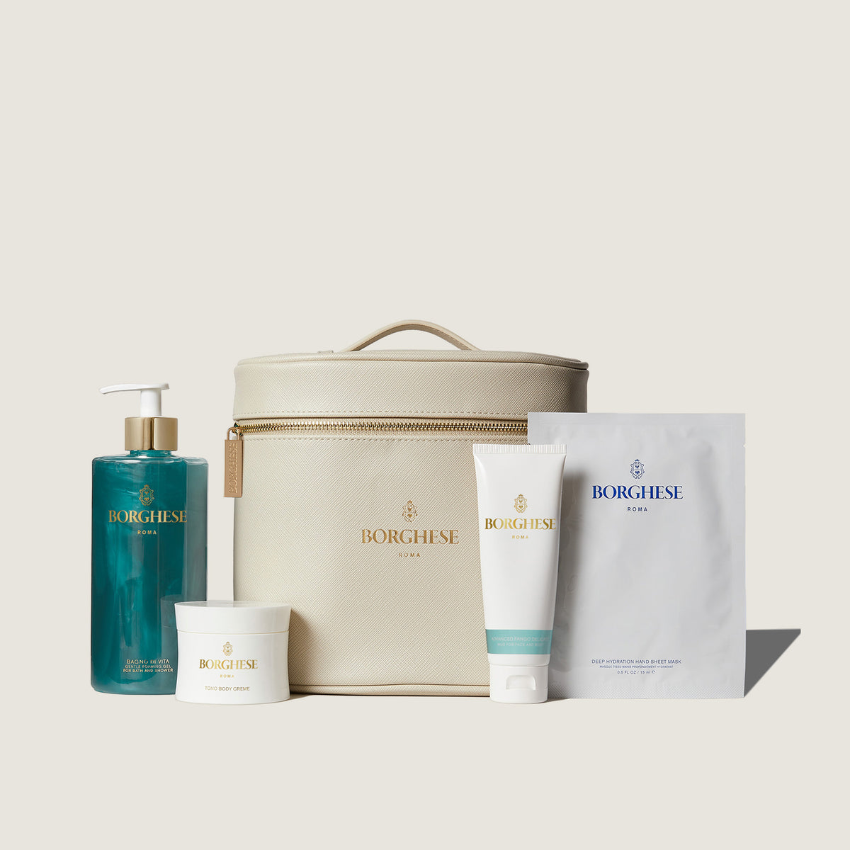 Tuscan Body Renewal Set features: Bagno di Vita, Tono Body Cream, Advanced Fango Delicato Mud and Deep Hydration Hand Sheet Mask