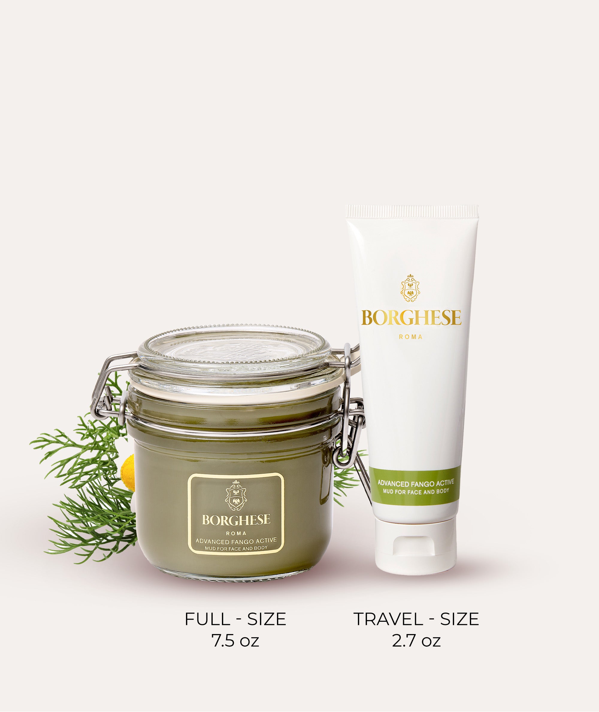Comparison image showing our full size 7.5oz Advanced Active Fango Mud Mask and our 2.7oz travel size version