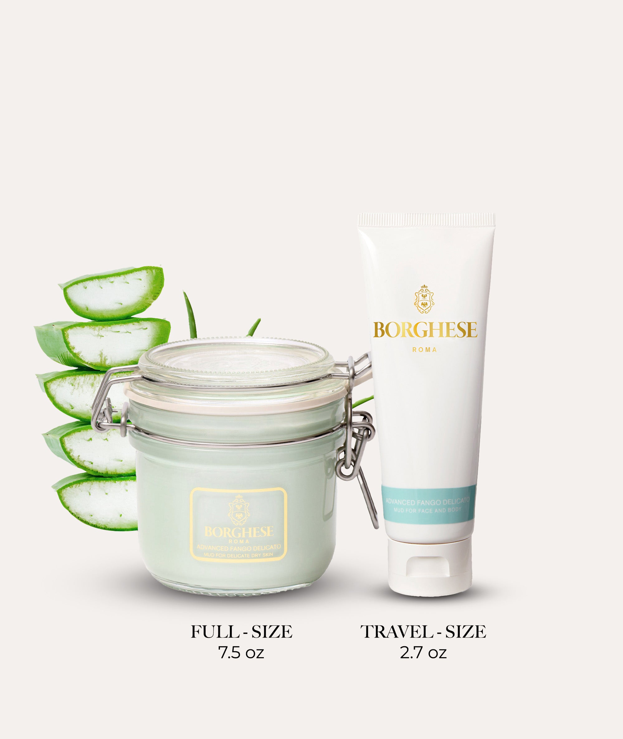 Comparison image showing our full size 7.5oz Advanced Fango Delicato Mud Mask and our 2.7oz travel size version