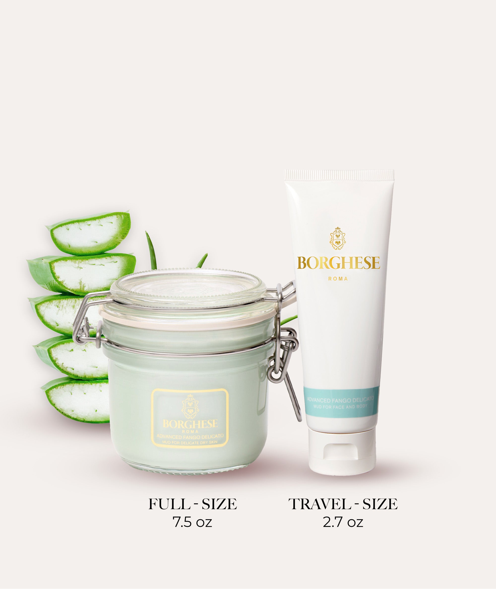 Comparison image showing our full size 7.5oz Advanced Fango Delicato Mud Mask and our 2.7oz travel size version