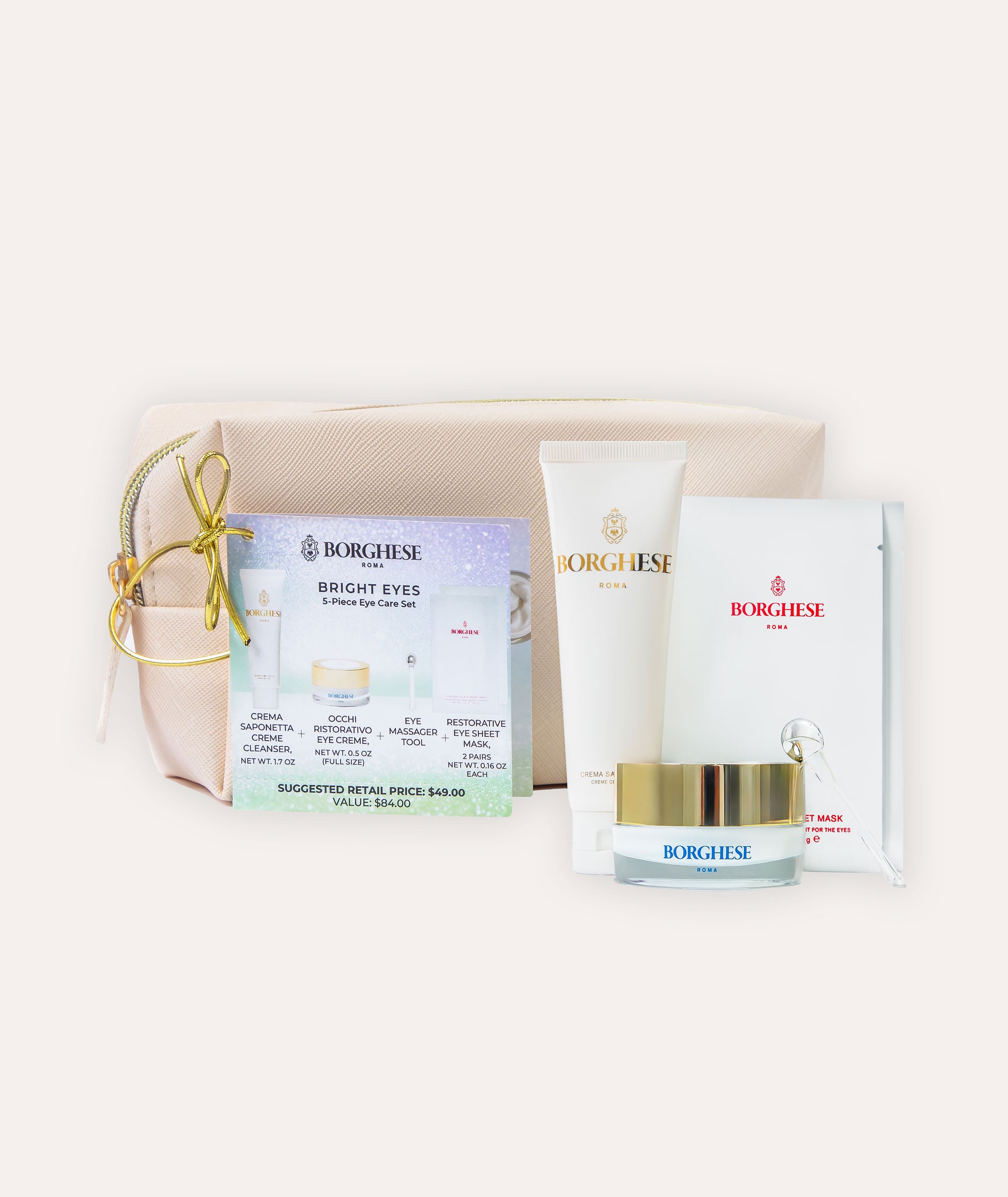 The Bright Eyes Set which includes travel bag with travel size versions of Crema Saponetta, Occhi Ristorativo Eye Creme, a pair of Restorative Eye Sheet Masks, and a Eye Massage tool