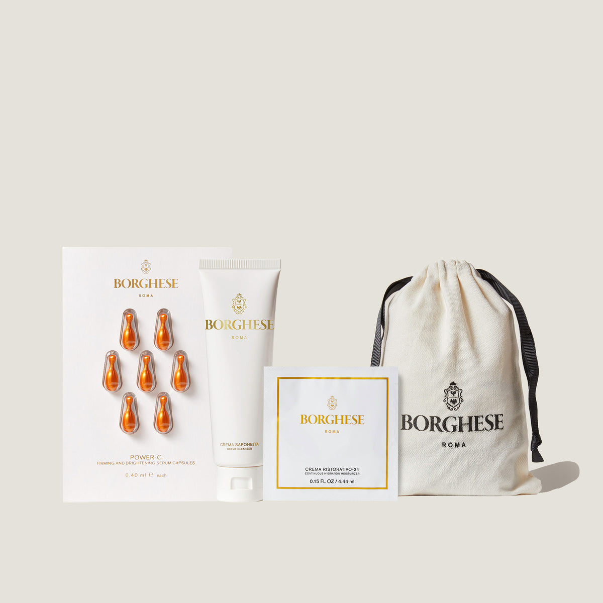 Cleanse and Brighten includes Crema Ristorativo-24 Moisturizer Sample, Power-C Serum Capsules and Crema Saponetta Creme Cleanser Travel-Size