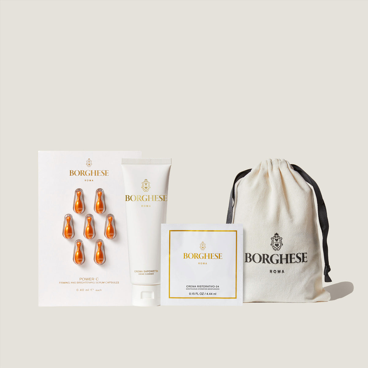 Cleanse and Brighten includes Crema Ristorativo-24 Moisturizer Sample, Power-C Serum Capsules and Crema Saponetta Creme Cleanser Travel-Size