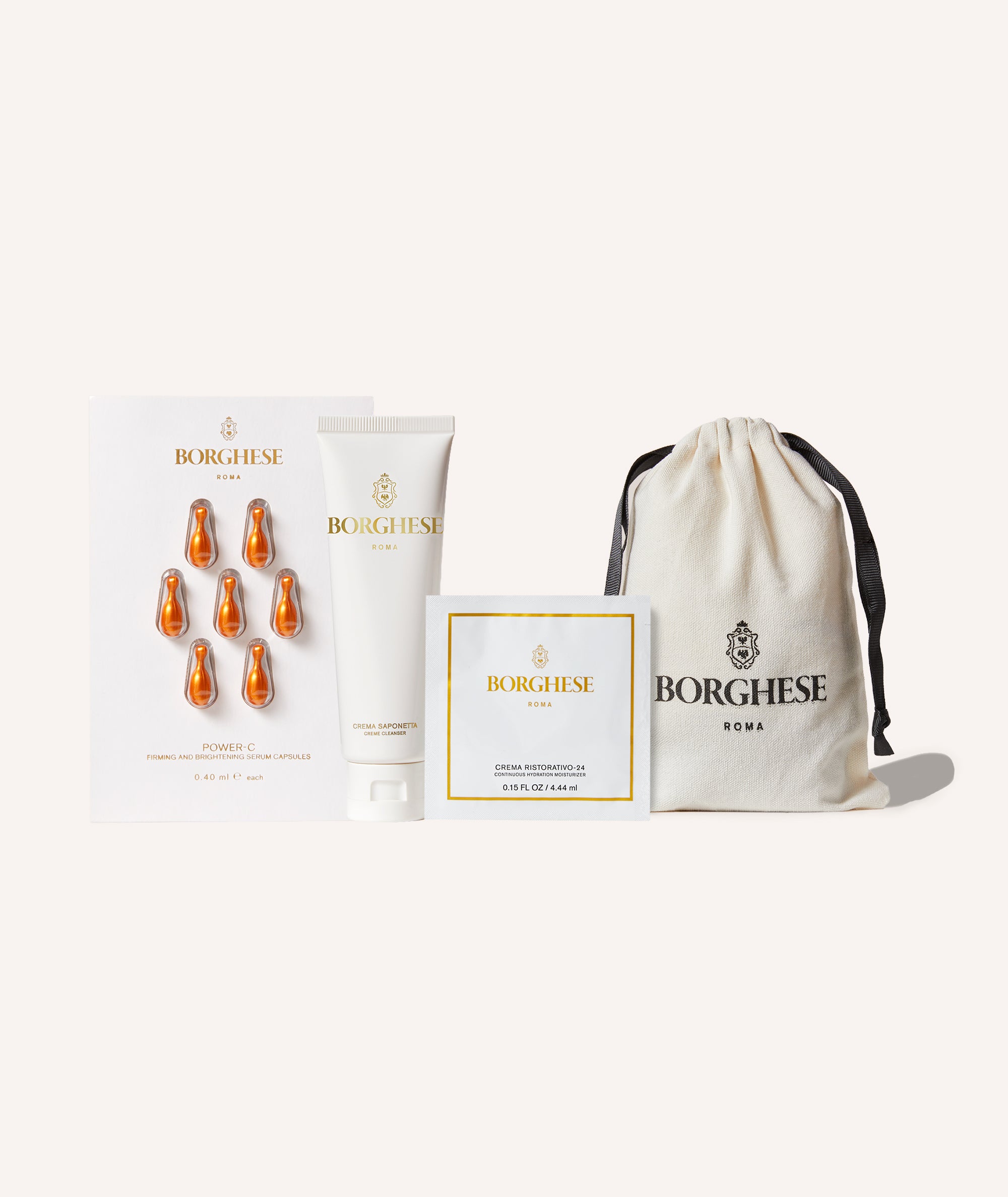 Cleanse and Brighten includes Crema Ristorativo-24 Moisturizer Sample, Power-C Serum Capsules and Crema Saponetta Creme Cleanser Travel-Size