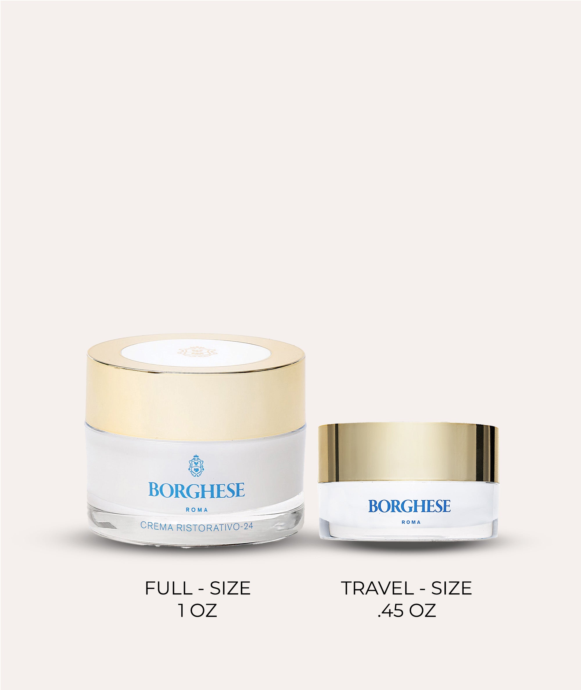 Comparison image showing our full size 1oz Crema Ristorativo-24 Moisturizer and our 0.45oz travel size version