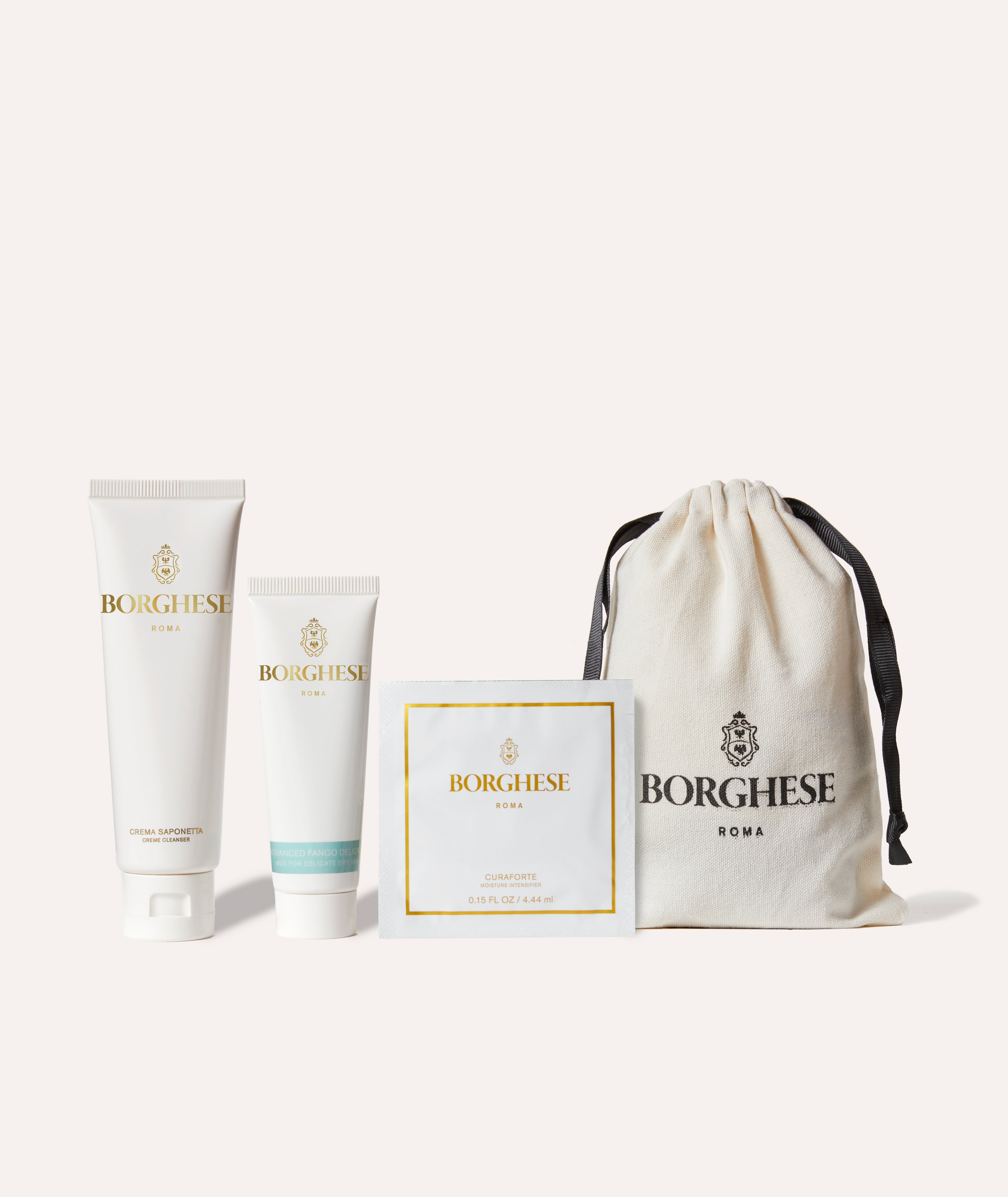 Delicate Skincare set includes Travel Size Crema Saponetta, Travel Size Advanced Fango Delicato Mud, and Sample of Curaforte Moisture Intensifier Serum