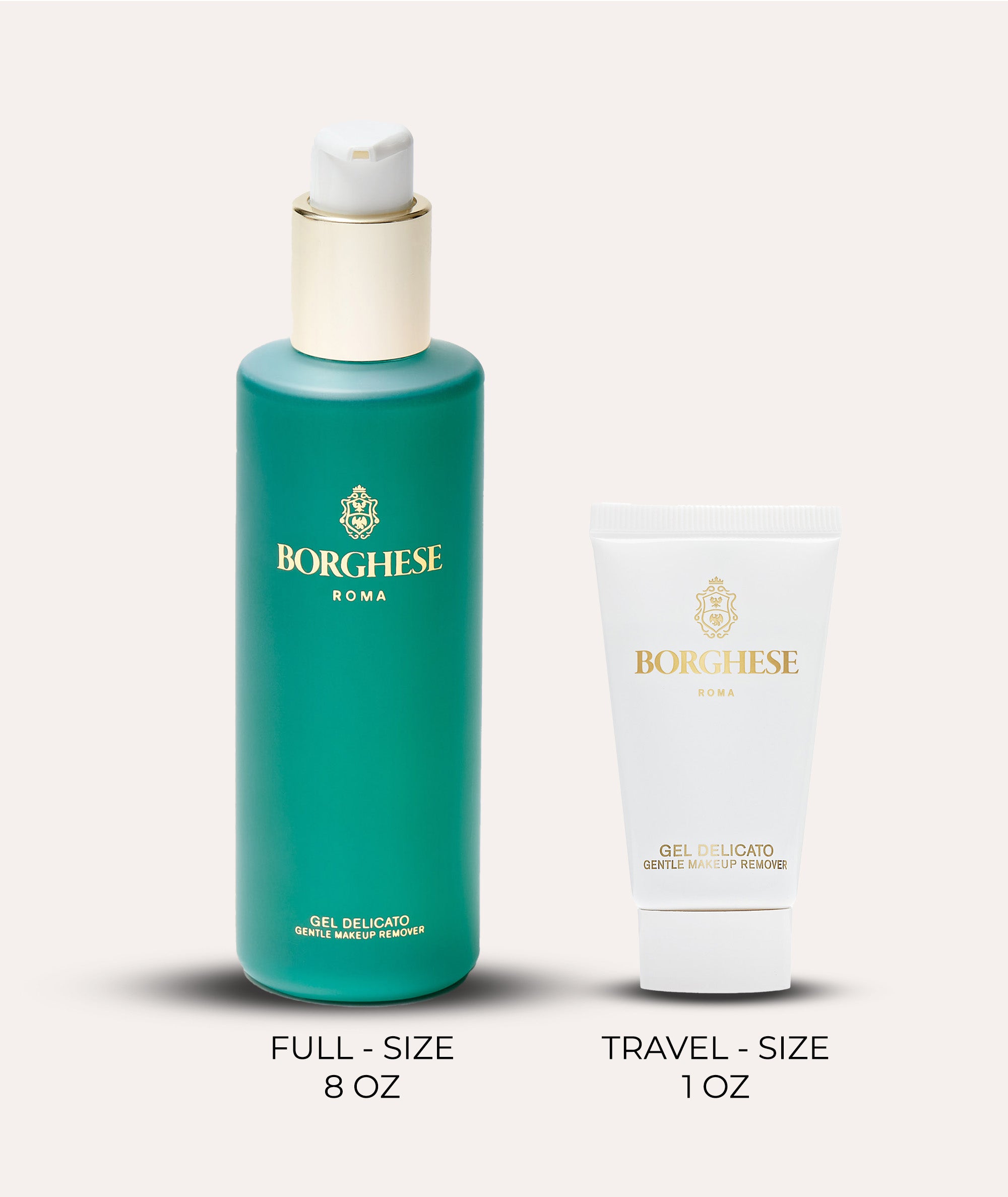 Comparison image showing our full size 8oz Gel Delicato makeup remover and our 1oz travel size version