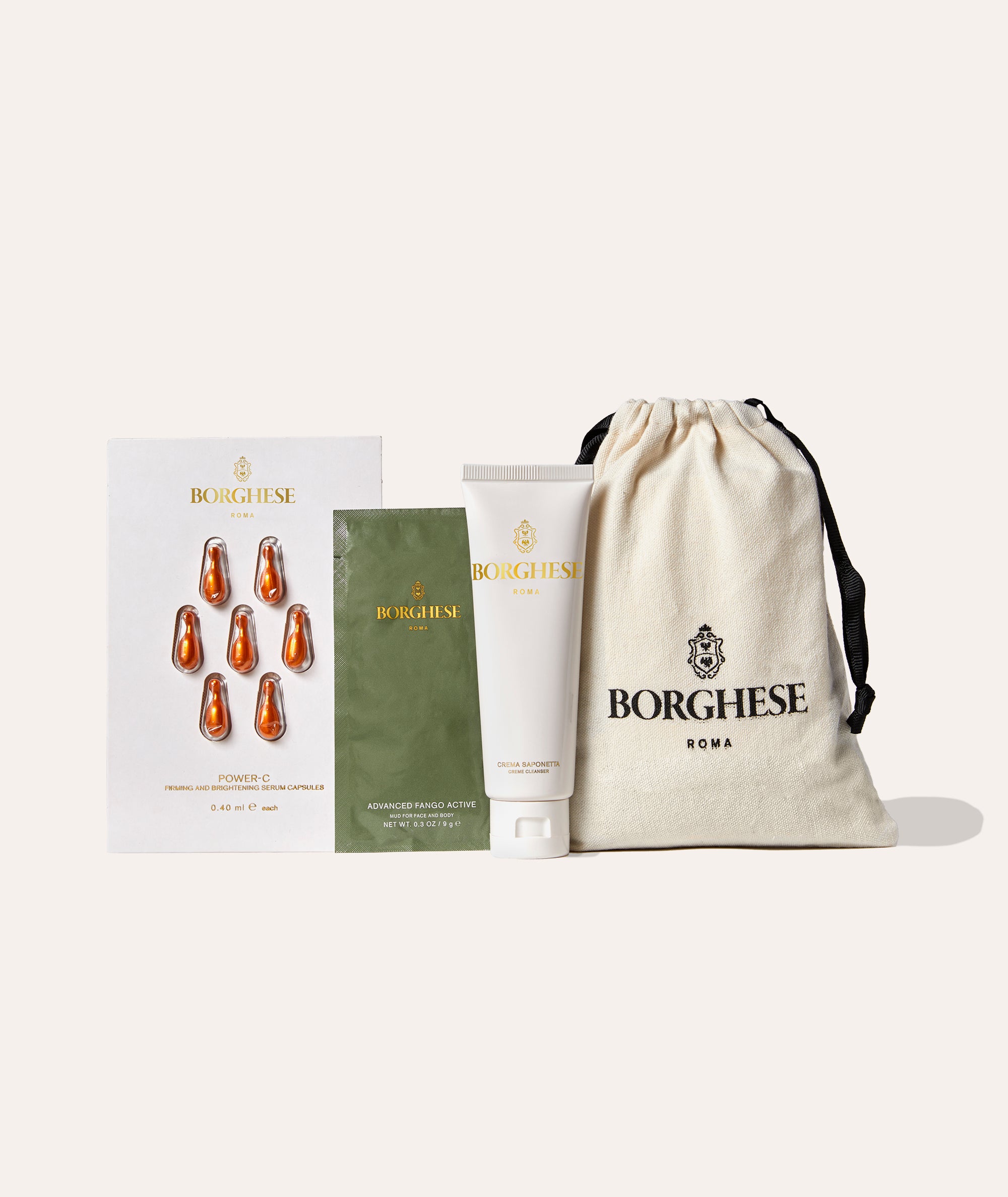 The Glow and Purify gift including samples of our Advanced Fango Mud, Power-C capsules, and Crema Saponetta creme cleanser 