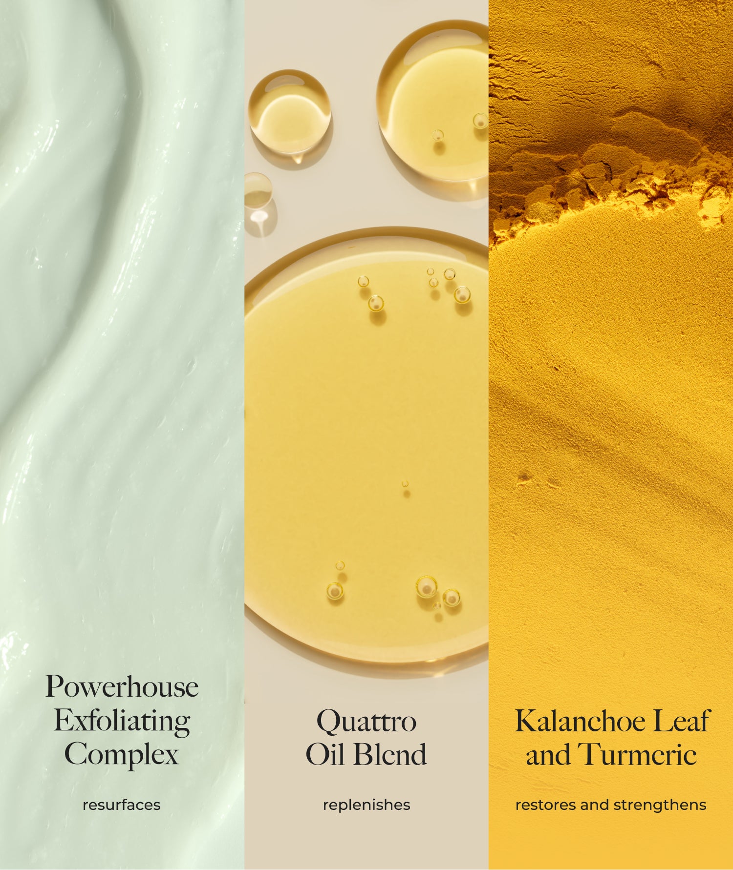 Exfoliating Complex: resurfaces, Quattro Oil Blend: replenishes, Kalanchoe Leaf and Turmeric: restores & strengthens