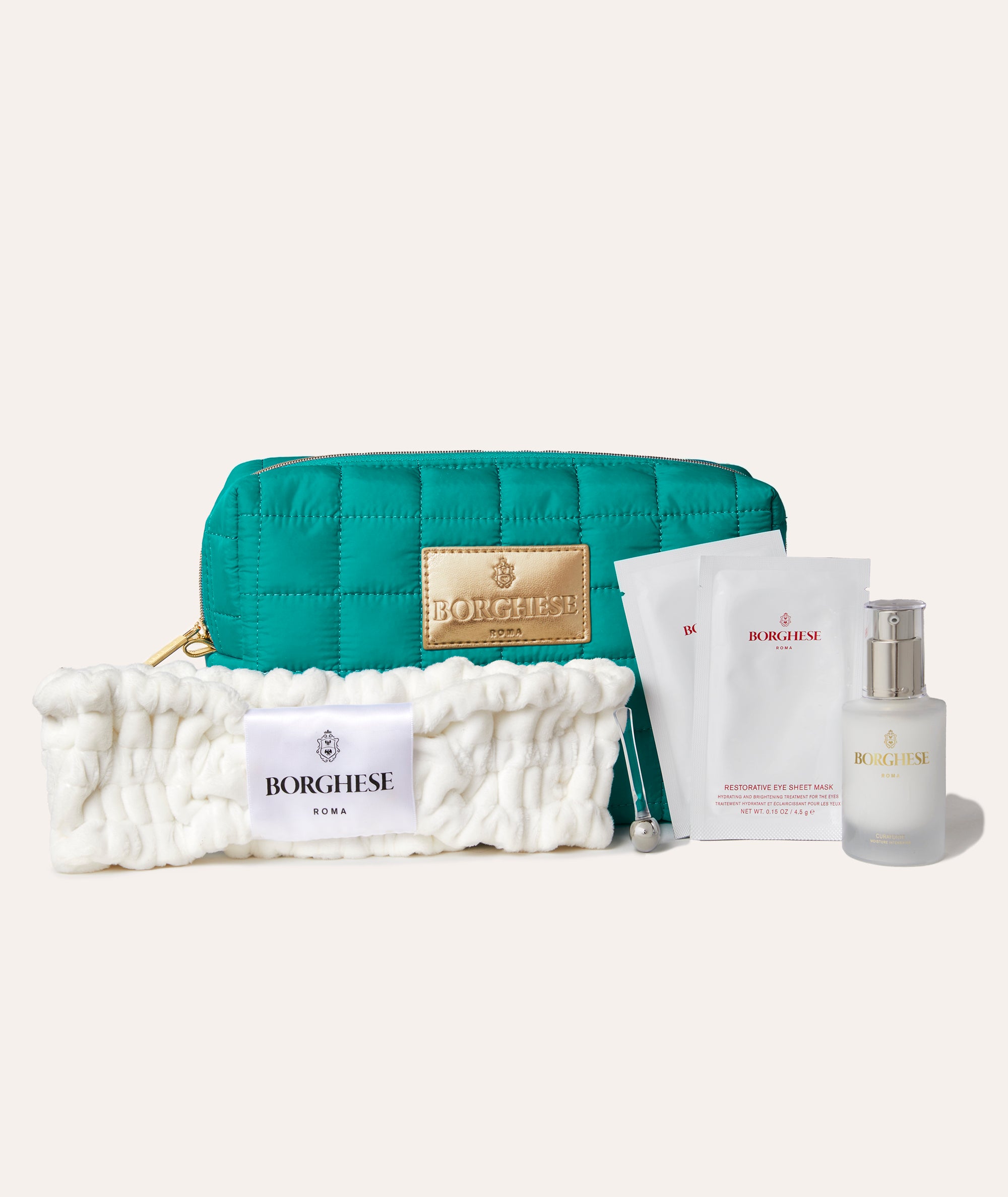 Our Spa Lift for Eyes Set including our Restorative Eye Sheet Masks and Fluido Protettivo eye cream, a headband and eye tool