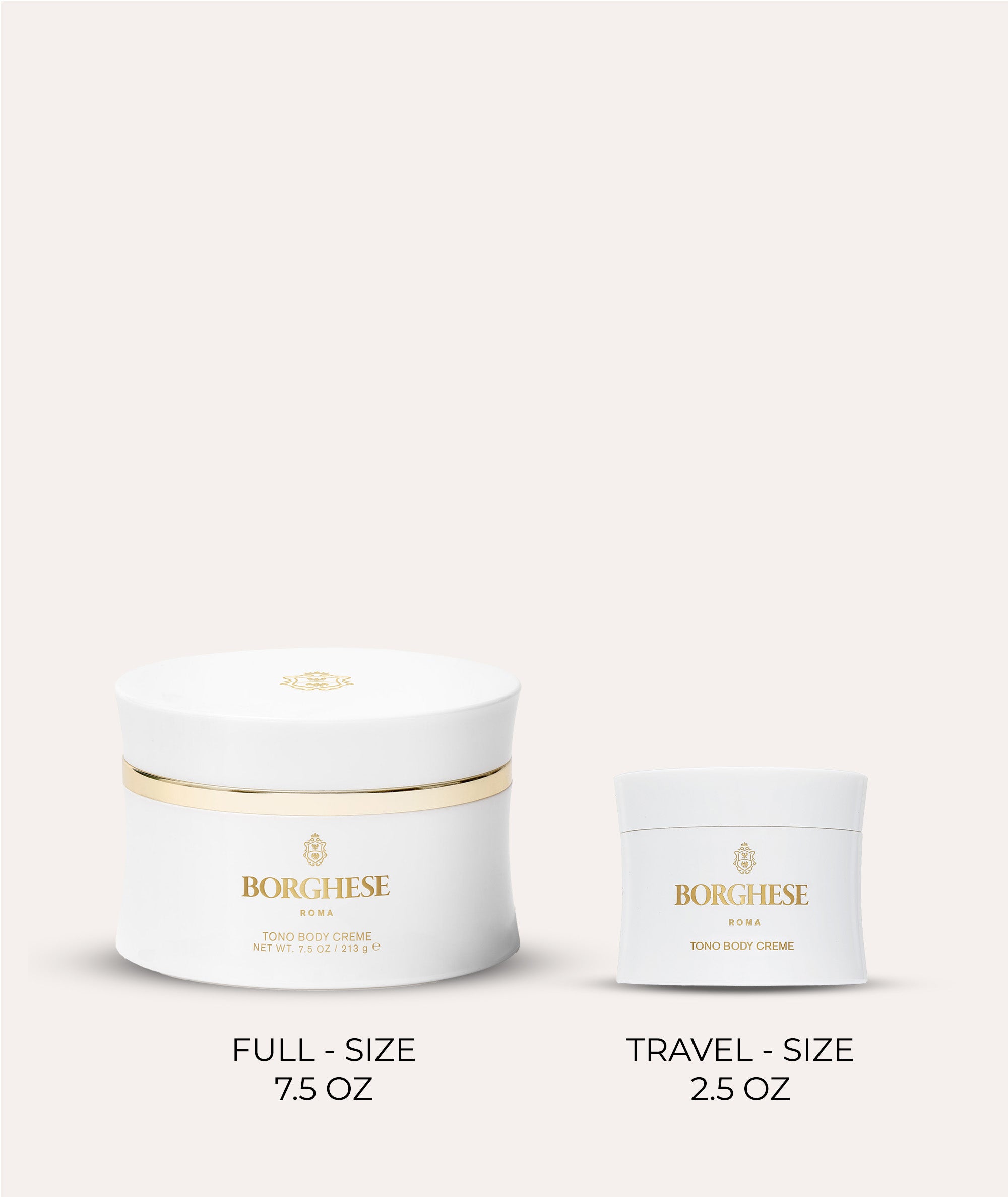 Comparison image showing our full size 7.5oz Tono Body Creme and our 2.5oz travel size version