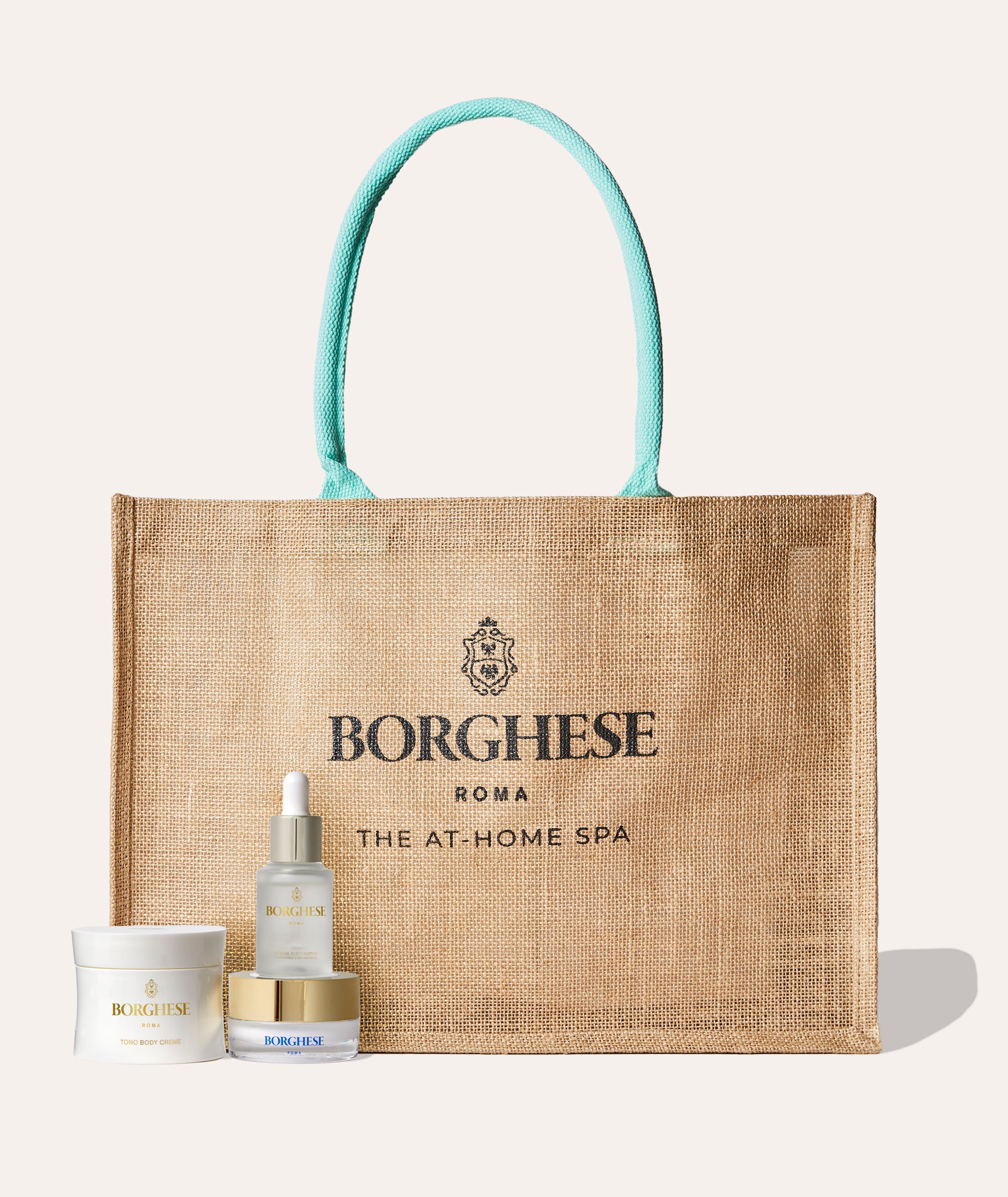 Our Travel Hydration Set that includes: Tono Body Creme, Crema Restorativo 24, Acqua Restorativo, and the Borghese Jute Tote