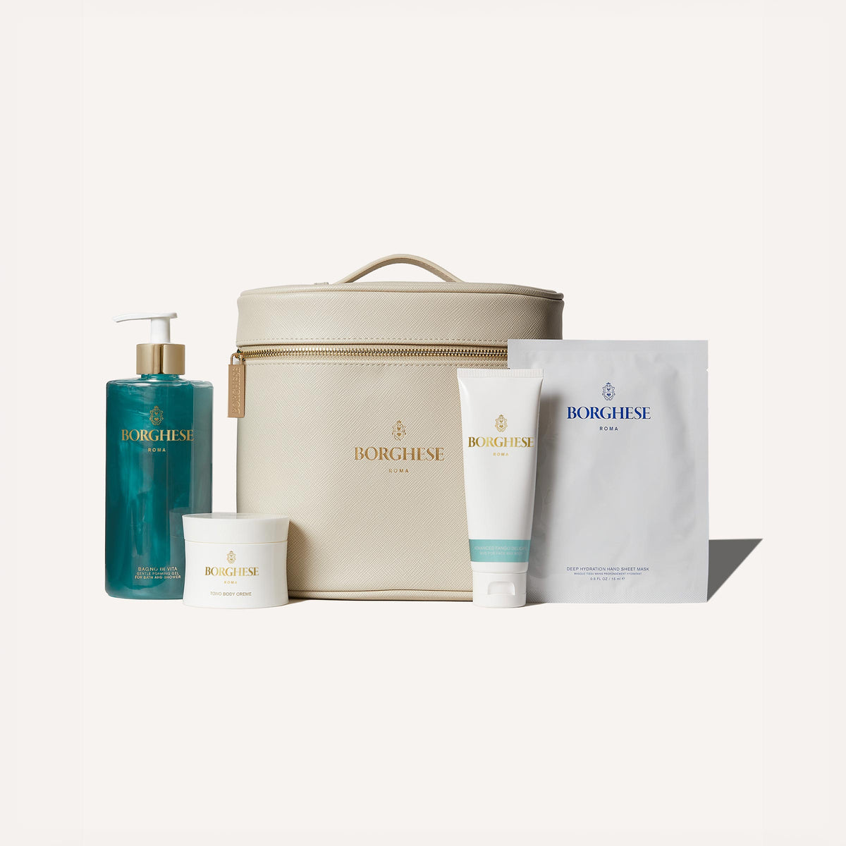 Tuscan Body Renewal Set features: Bagno di Vita, Tono Body Cream, Advanced Fango Delicato Mud and Deep Hydration Hand Sheet Mask