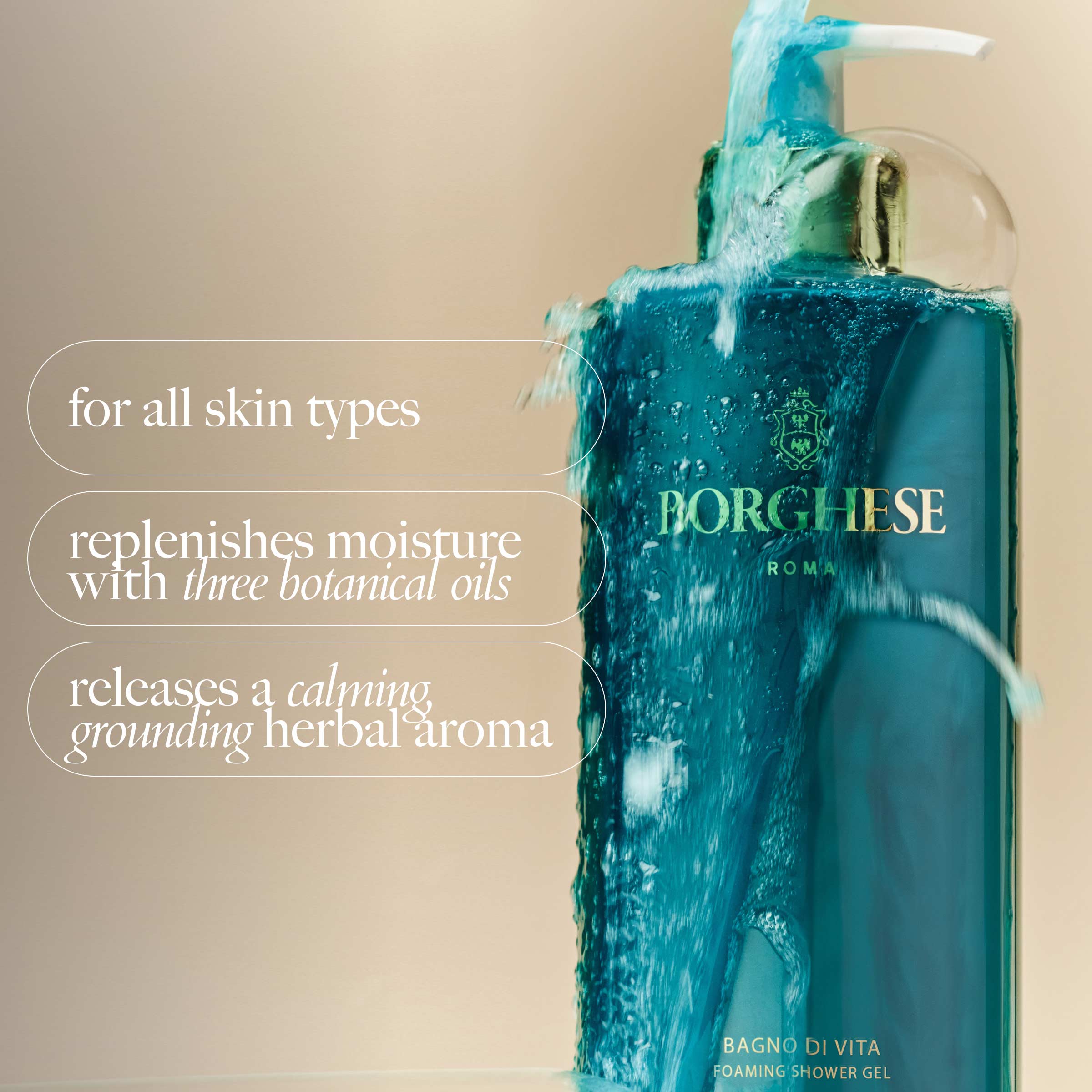 Infographic with Bagno di Vita benefits: replenishes moisture with three botanical oils and releases a calming grounding herbal aroma