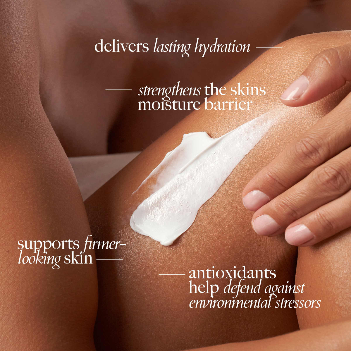 Infographic with Tono Body Cream benefits: delivers hydration, supports skin barrier, and helps defend against environmental stressors