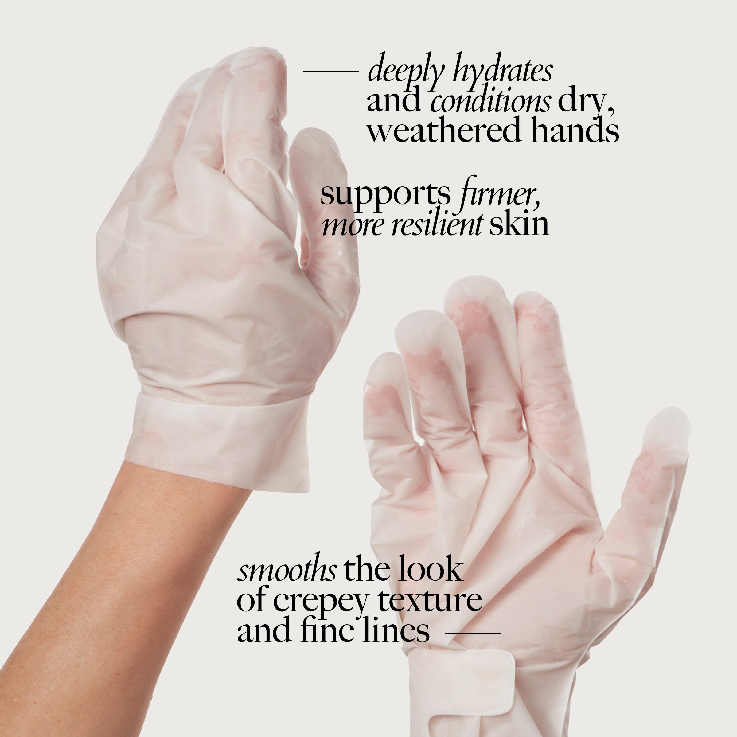 Infographic with Deep Hydration Hand Sheet Mask benefits: deeply hydrates and conditions, smooths and supports firmer skin