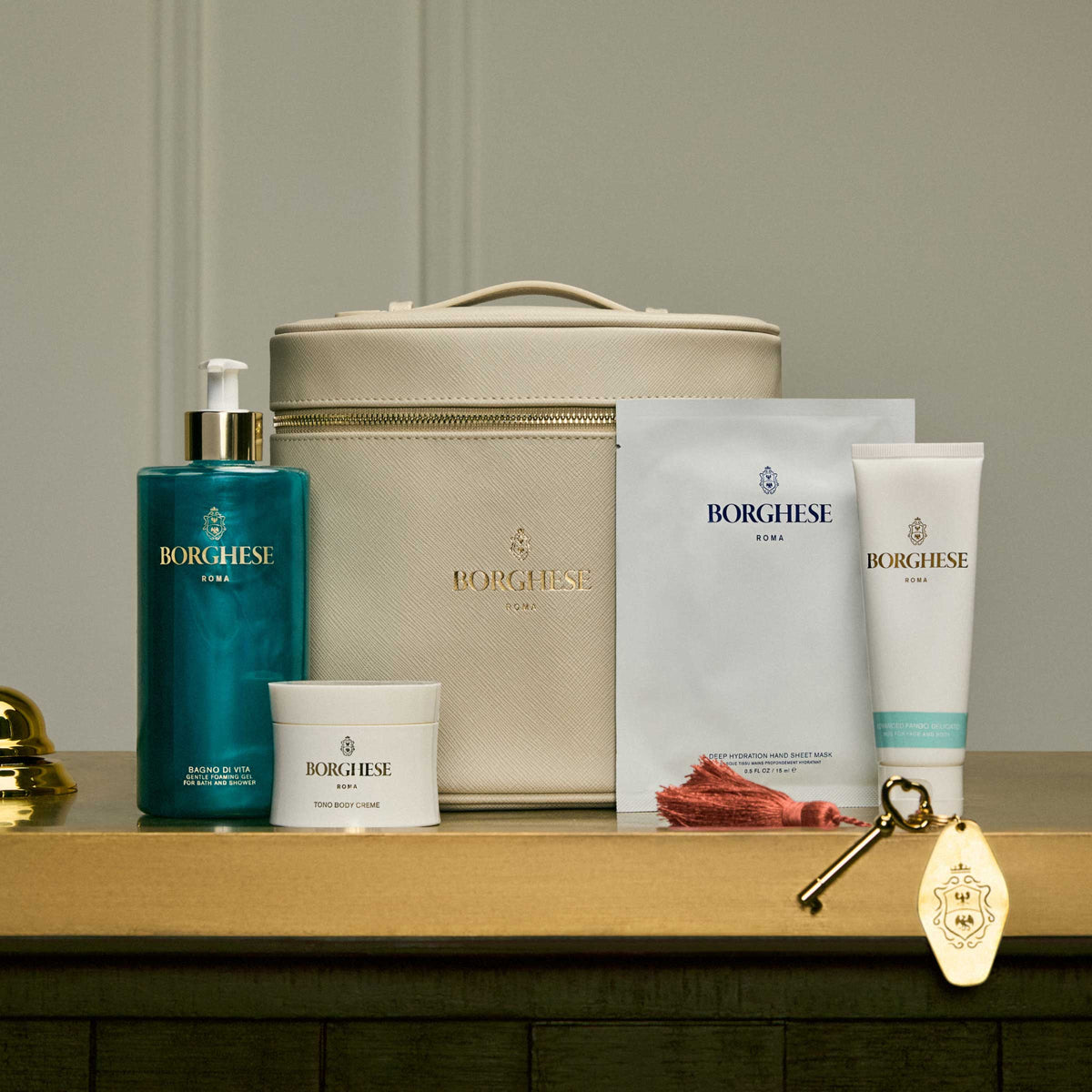 Shot of Tuscan Body Renewal featuring Bagno di Vita, Tono Body Cream, Advanced Fango Delicato Mud and Deep Hydration Hand Sheet Mask