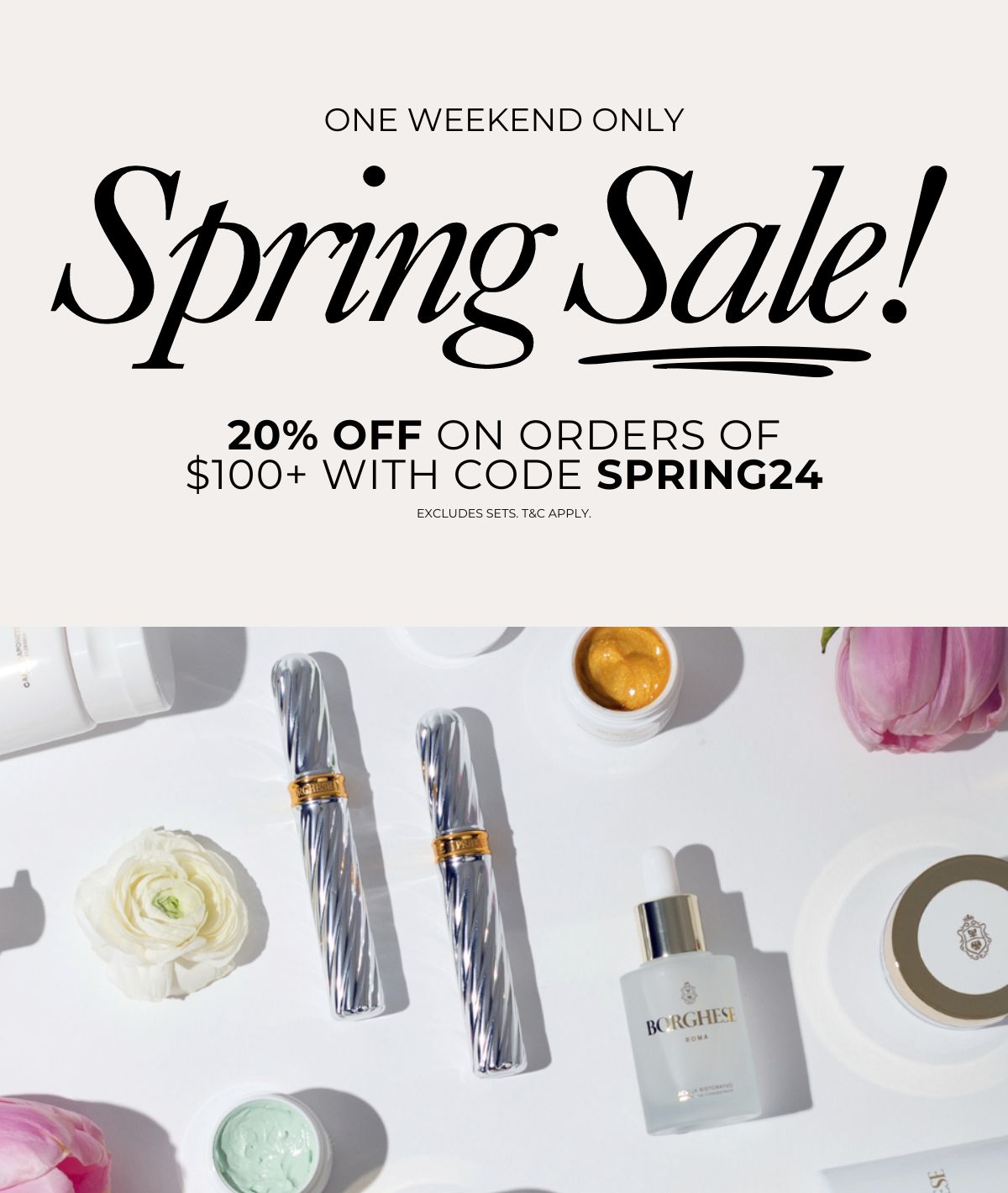 Shop Borghese's Spring Sale and save 20% on your order of $100.00 or more