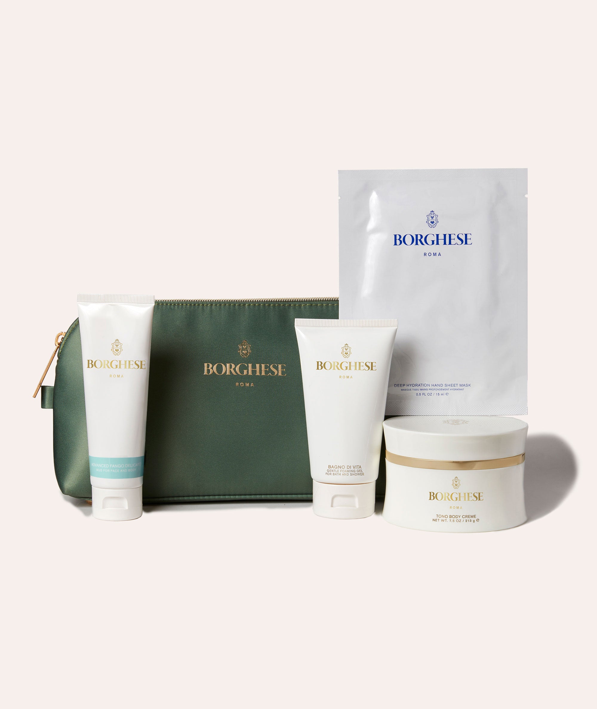 Our Winter Bodycare Heroes set including four of our bestselling body products with a complimentary bag in Fango green