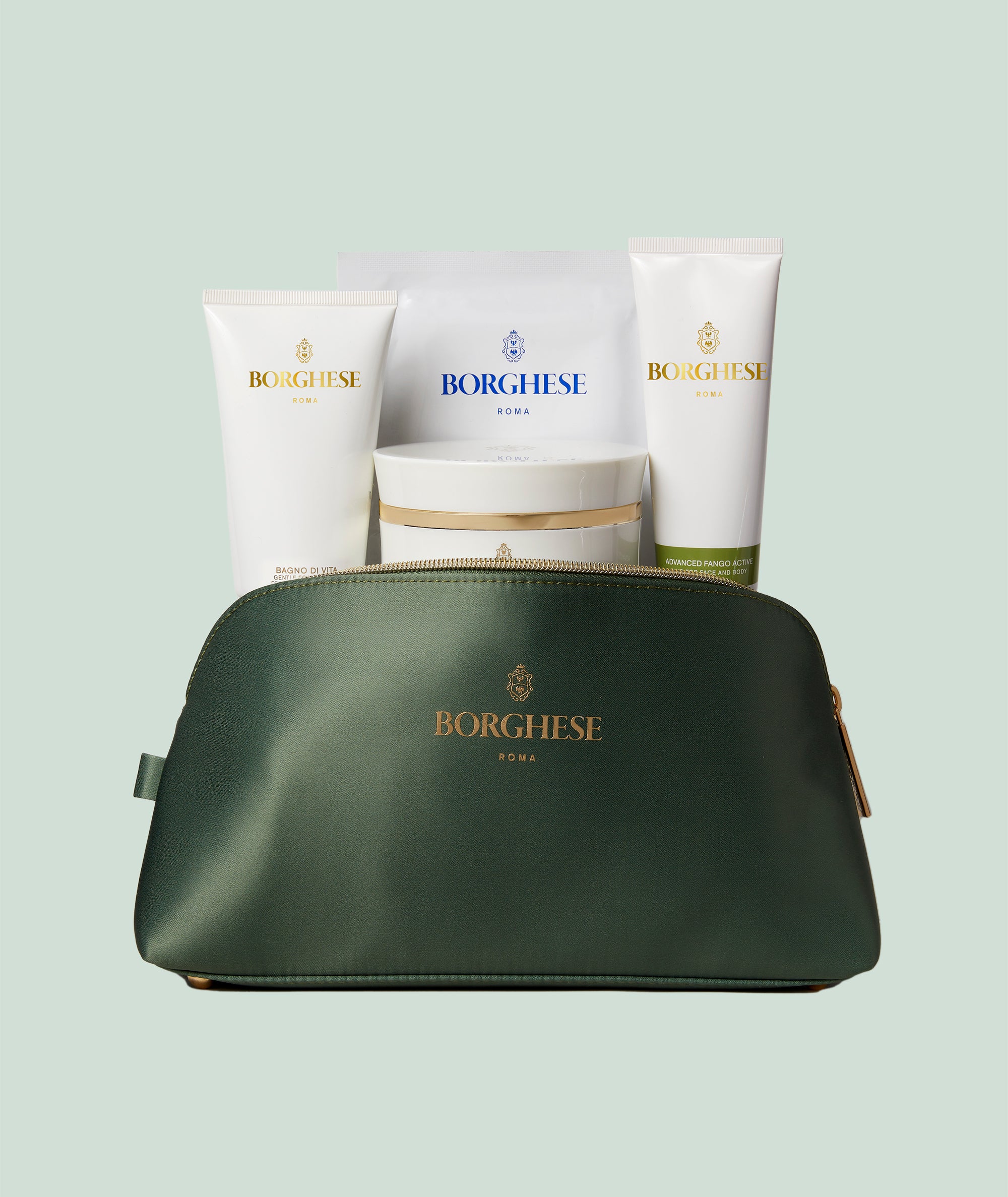 A lifestyle shot of our Winter Bodycare Heroes with a complimentary bag in Fango green